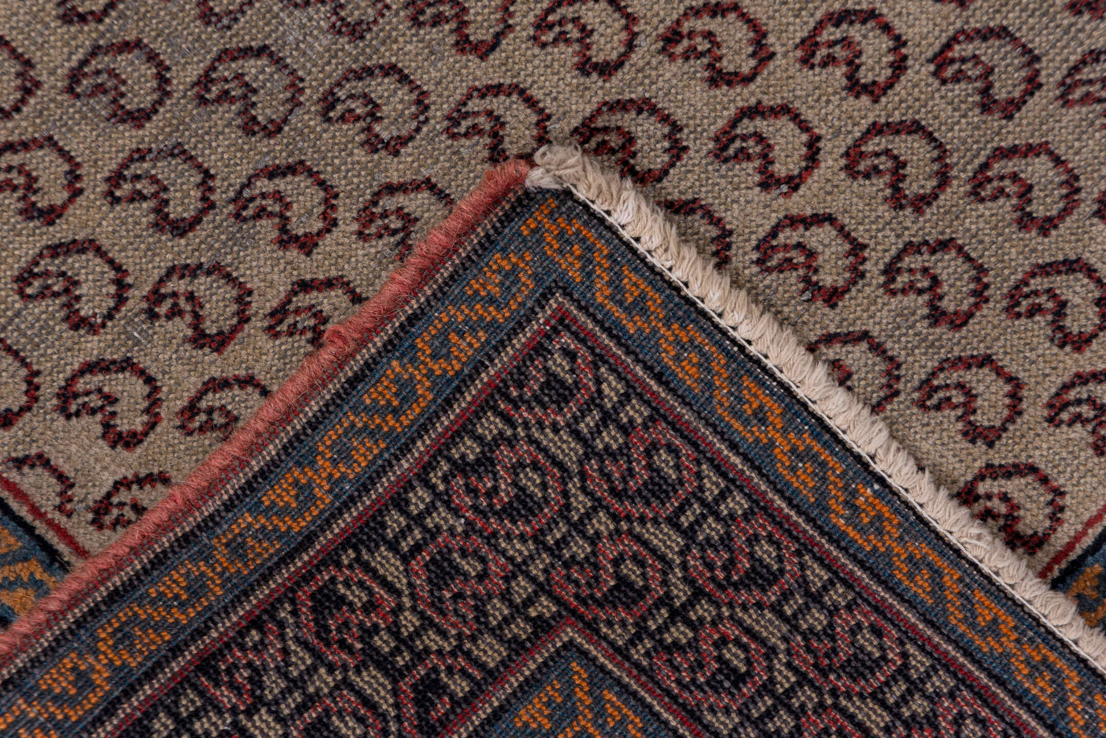 3' x 9' one-of-a-kind handmade antique Sarab runner rug. Color palette: ivory, navy, rust, camel, brown, slate, blue