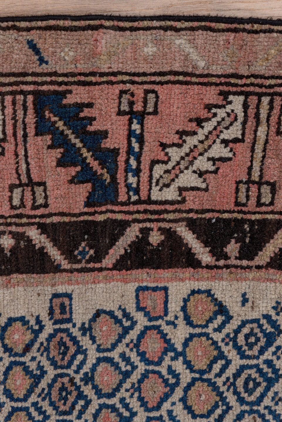 4' x 10' one-of-a-kind handmade antique Malayer runner rug. Color palette: ivory, rust, navy, rose, charcoal, taupe
