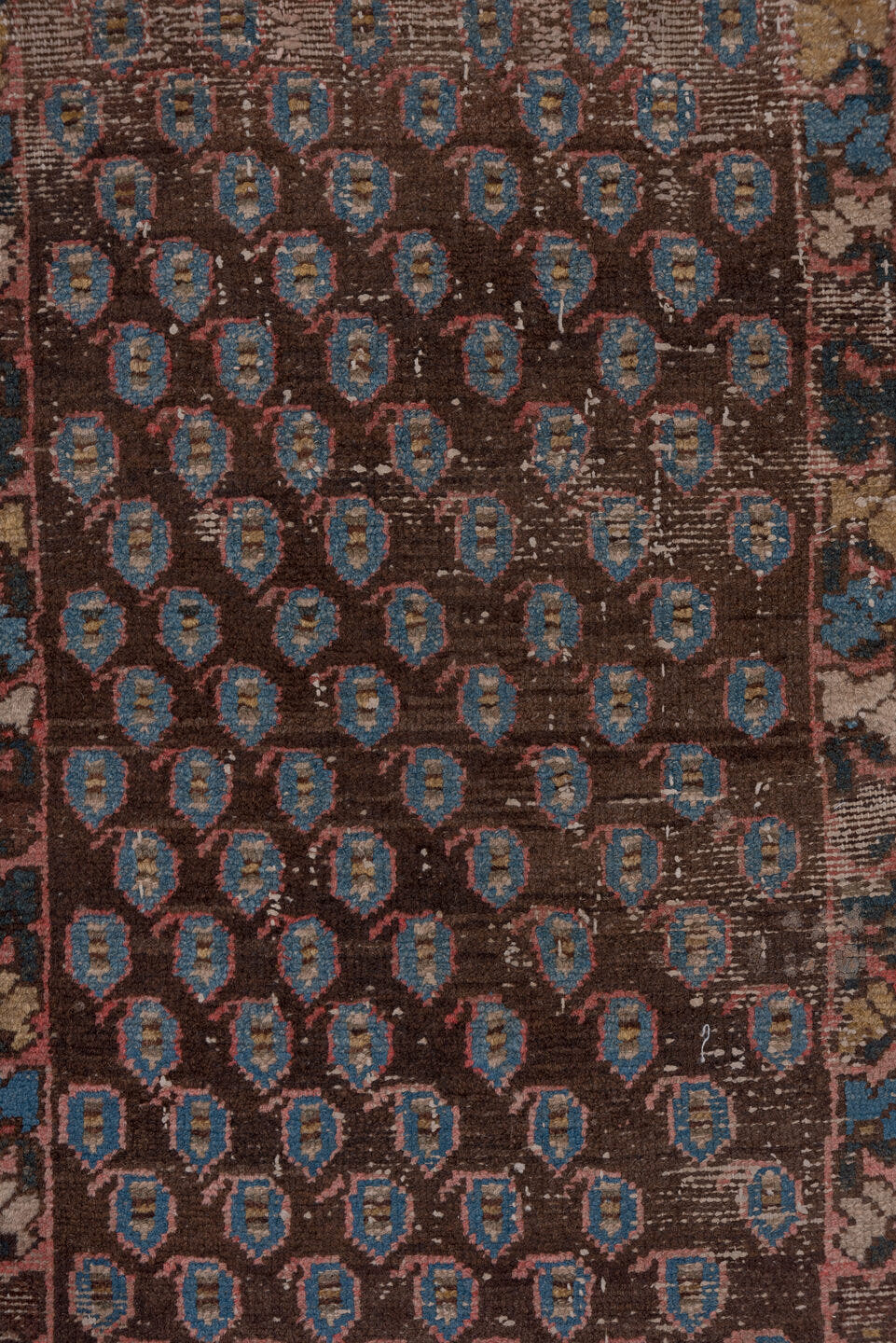 2' x 12' one-of-a-kind handmade antique Malayer runner rug. Color palette: brown, rust, camel, ivory, blue, burgundy