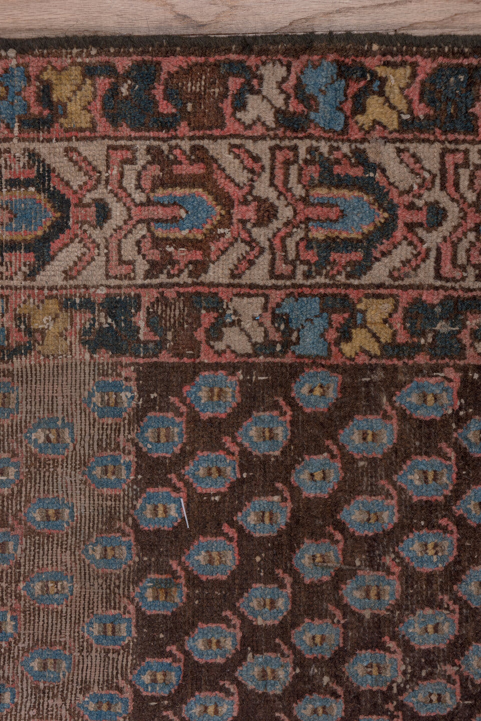 2' x 12' one-of-a-kind handmade antique Malayer runner rug. Color palette: brown, rust, camel, ivory, blue, burgundy