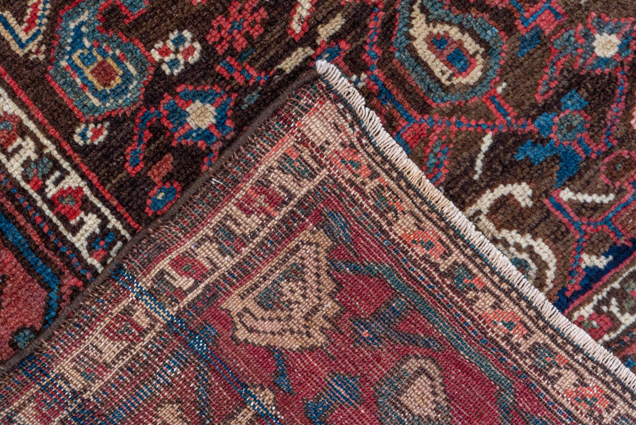 3' x 11' one-of-a-kind handmade vintage Malayer runner rug. Color palette: rose, rust, navy, ivory, sky_blue, burgundy