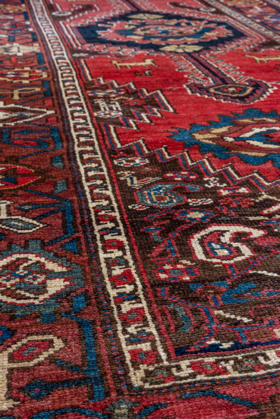 3' x 11' one-of-a-kind handmade vintage Malayer runner rug. Color palette: black, blue, brown, gray, pink, red