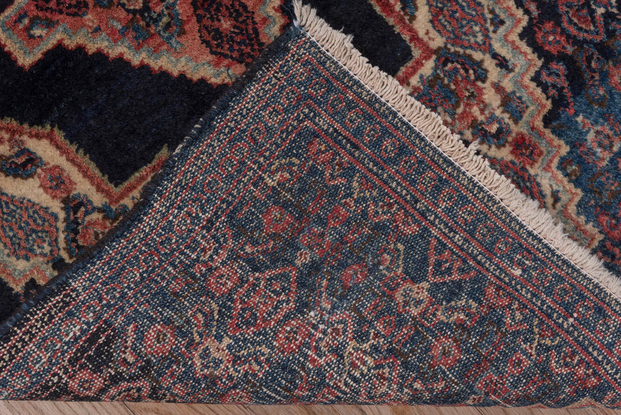 2' x 3' one-of-a-kind handmade antique Senne small size rug. Color palette: navy, ivory, indigo, rust, crimson, rose