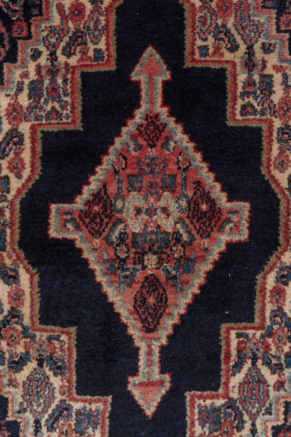 2' x 3' one-of-a-kind handmade antique Senne small size rug. Color palette: navy, ivory, indigo, rust, crimson, rose