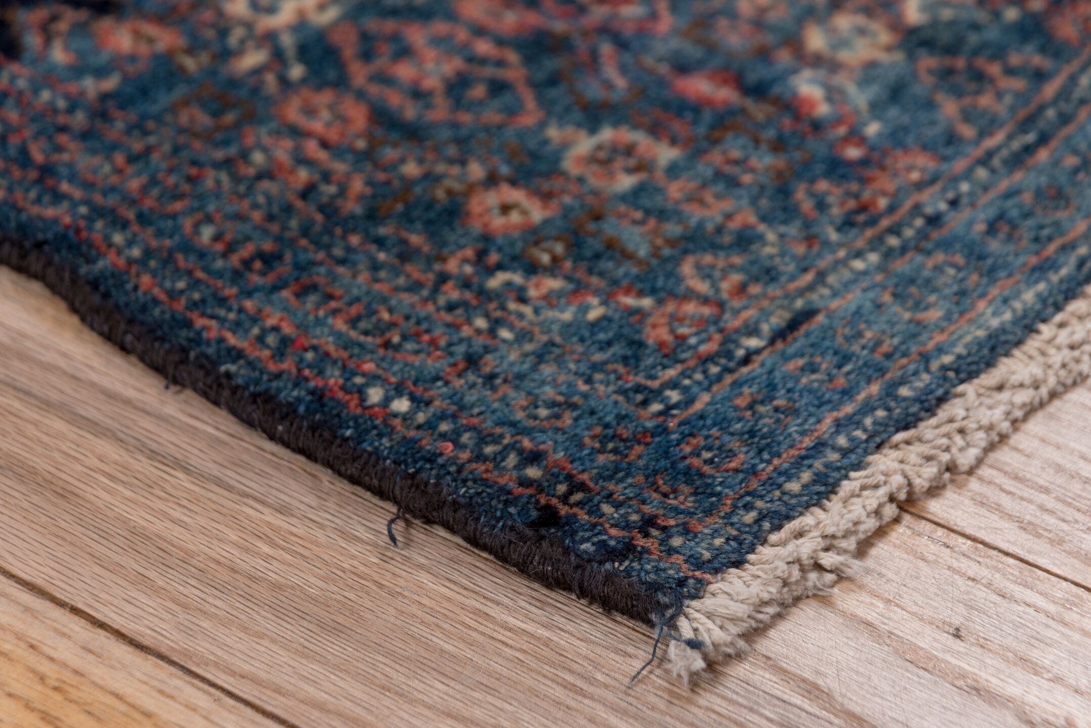 2' x 3' one-of-a-kind handmade antique Senne small size rug. Color palette: navy, ivory, indigo, rust, crimson, rose