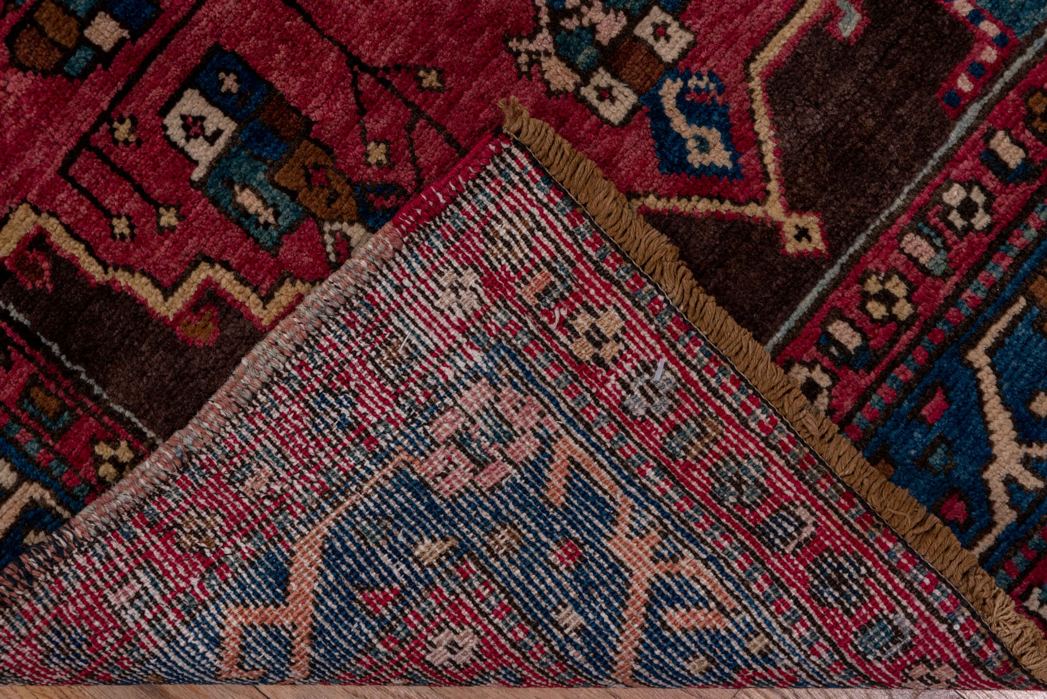 3' x 13' one-of-a-kind handmade antique Karabagh runner rug. Color palette: indigo, rose, aubergine, sky_blue, rust, ivory