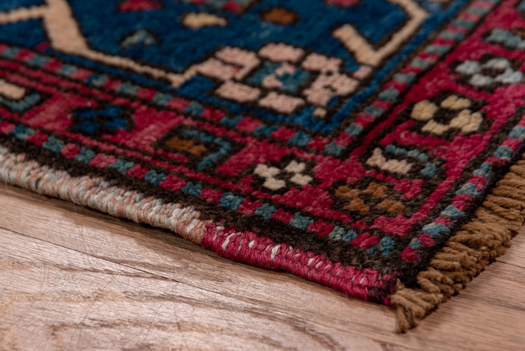 3' x 13' one-of-a-kind handmade antique Karabagh runner rug. Color palette: indigo, rose, aubergine, sky_blue, rust, ivory