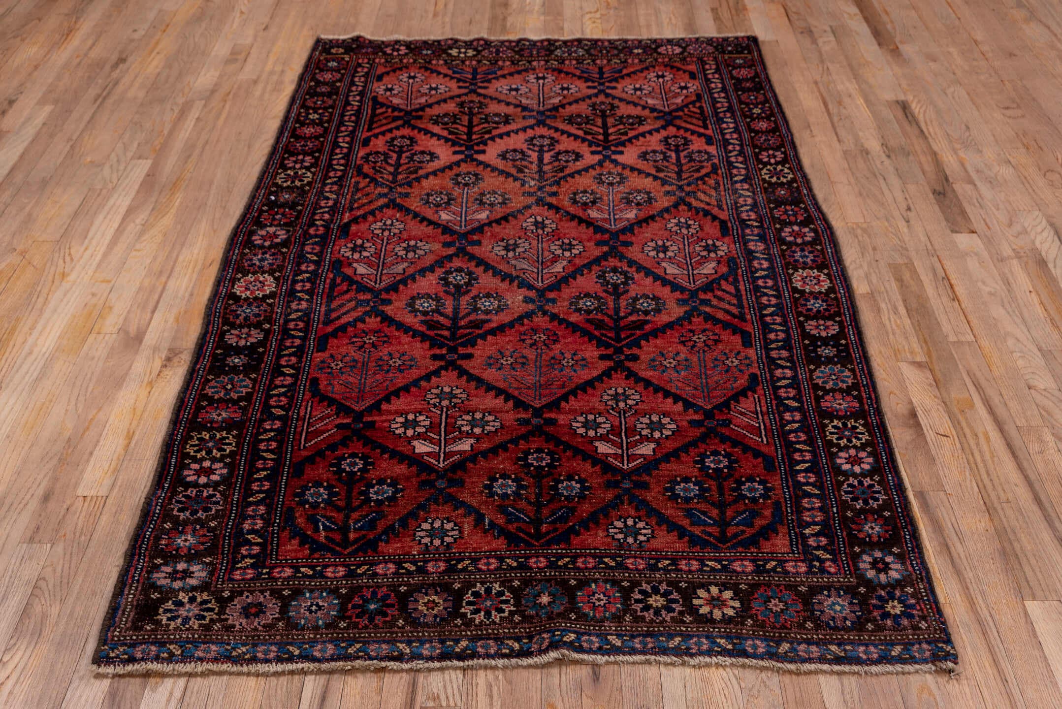4' x 7' one-of-a-kind handmade antique Bidjar rug. Color palette: rose, navy, ivory, burgundy, dusty pink, camel, slate