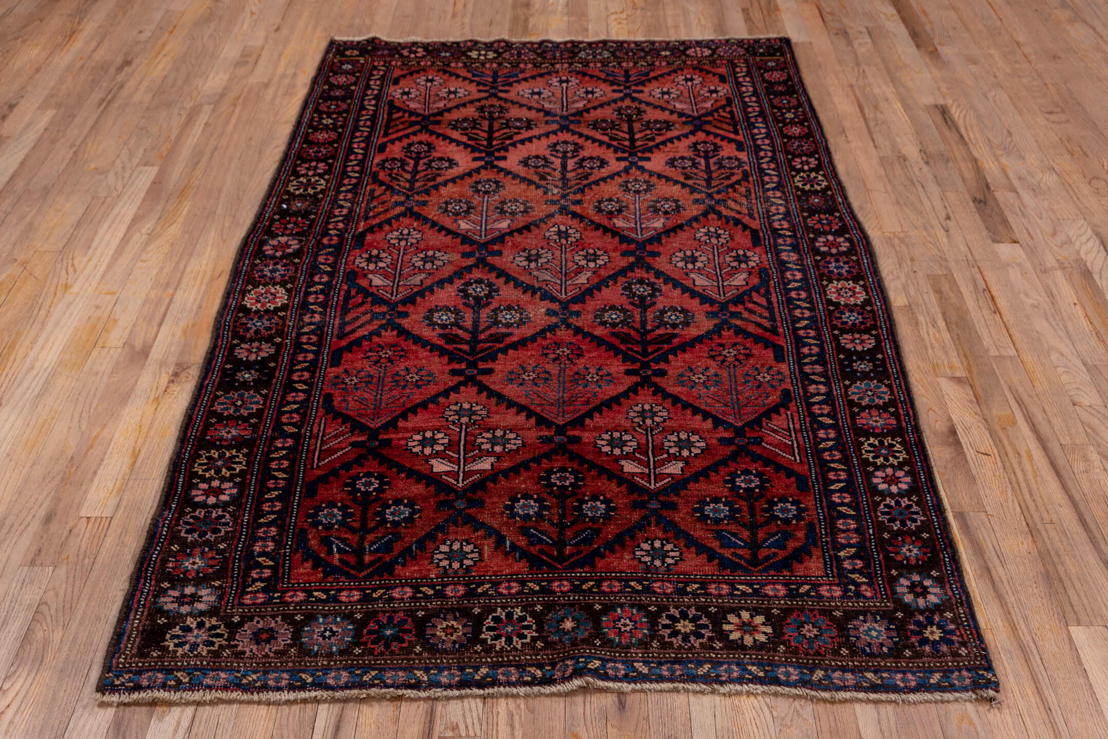 4' x 7' one-of-a-kind handmade antique Bidjar rug. Color palette: rose, navy, ivory, burgundy, dusty pink, camel, slate