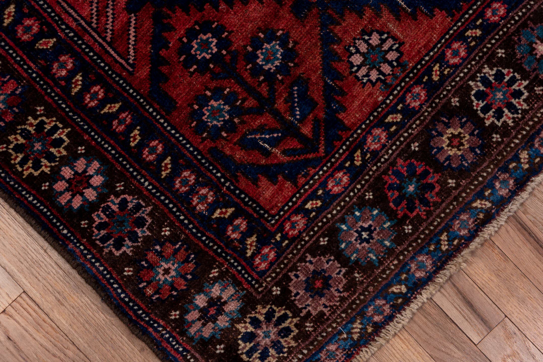 4' x 7' one-of-a-kind handmade antique Bidjar rug. Color palette: rose, navy, ivory, burgundy, dusty pink, camel, slate