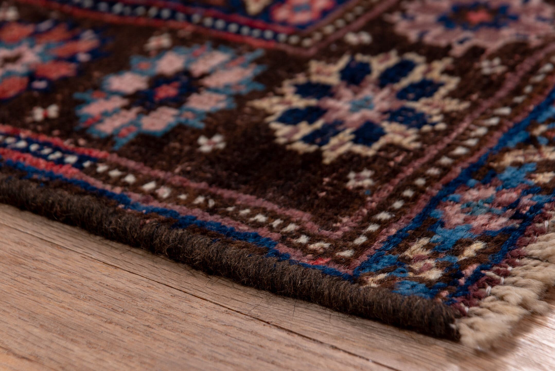 4' x 7' one-of-a-kind handmade antique Bidjar rug. Color palette: rose, navy, ivory, burgundy, dusty pink, camel, slate