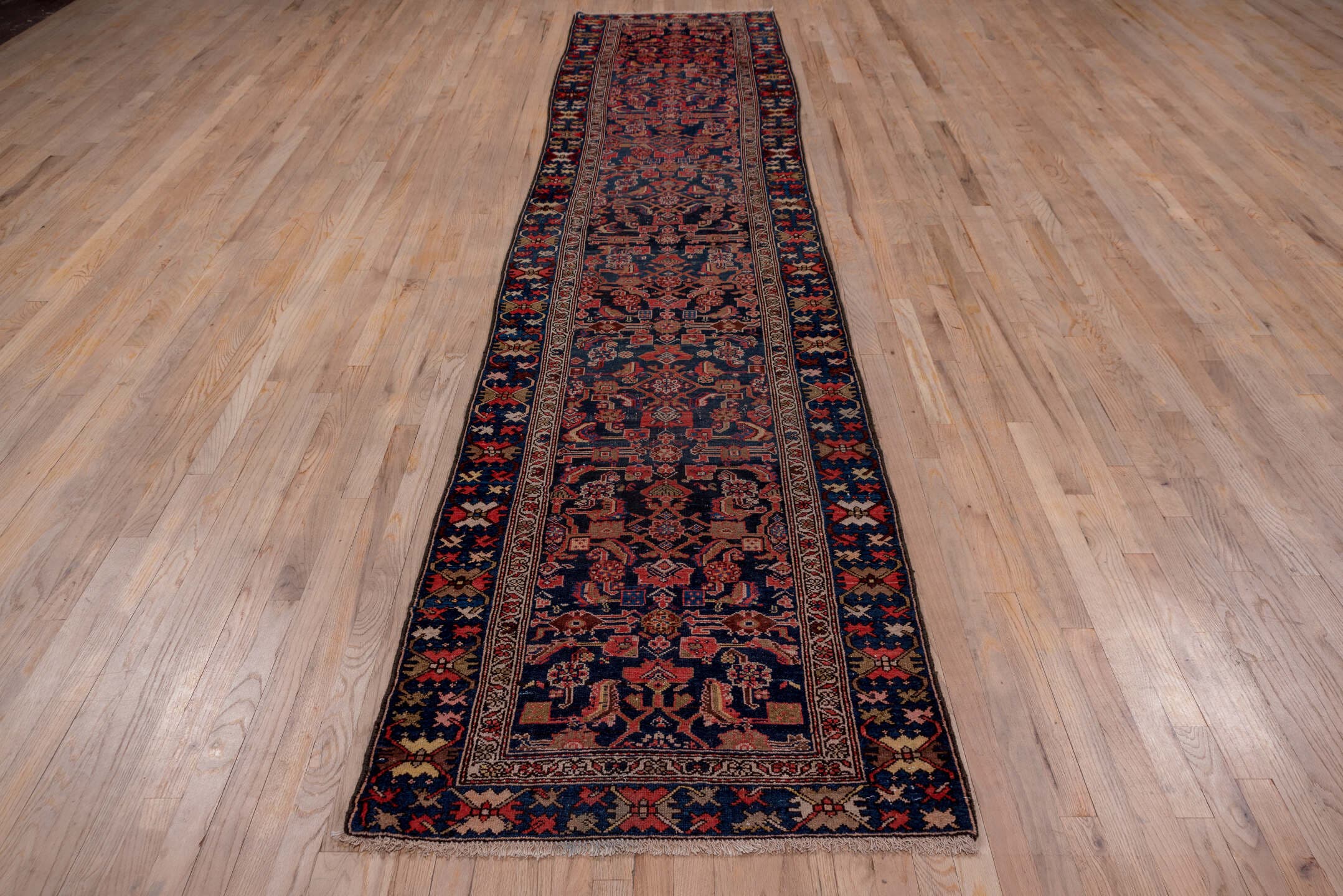 3' x 14' one-of-a-kind handmade antique Malayer runner rug. Color palette: navy, rust, ivory, camel, slate, rose, blue