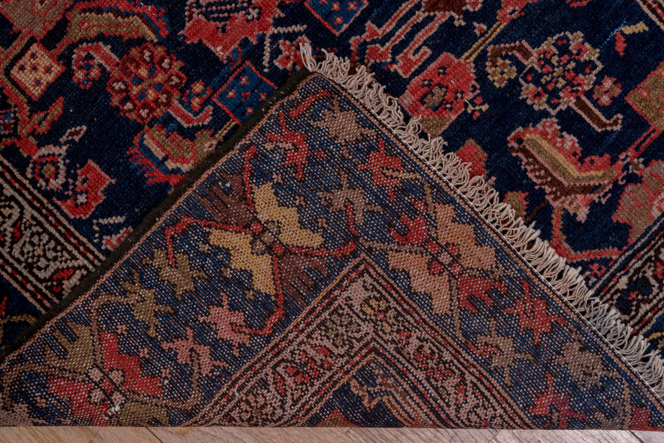 3' x 14' one-of-a-kind handmade antique Malayer runner rug. Color palette: navy, rust, ivory, camel, slate, rose, blue