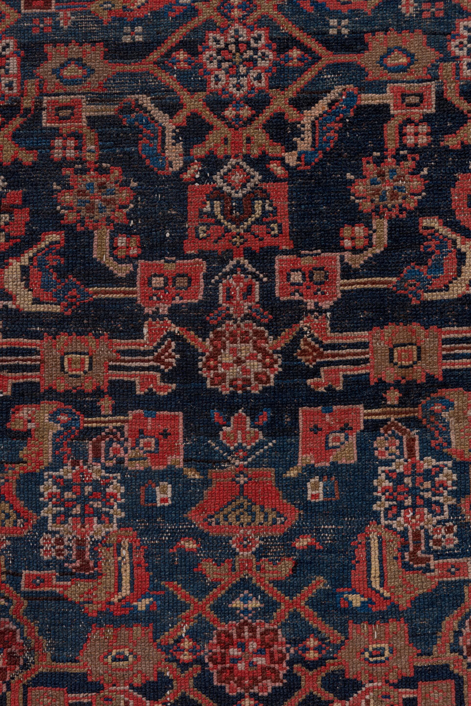 3' x 14' one-of-a-kind handmade antique Malayer runner rug. Color palette: navy, rust, ivory, camel, slate, rose, blue