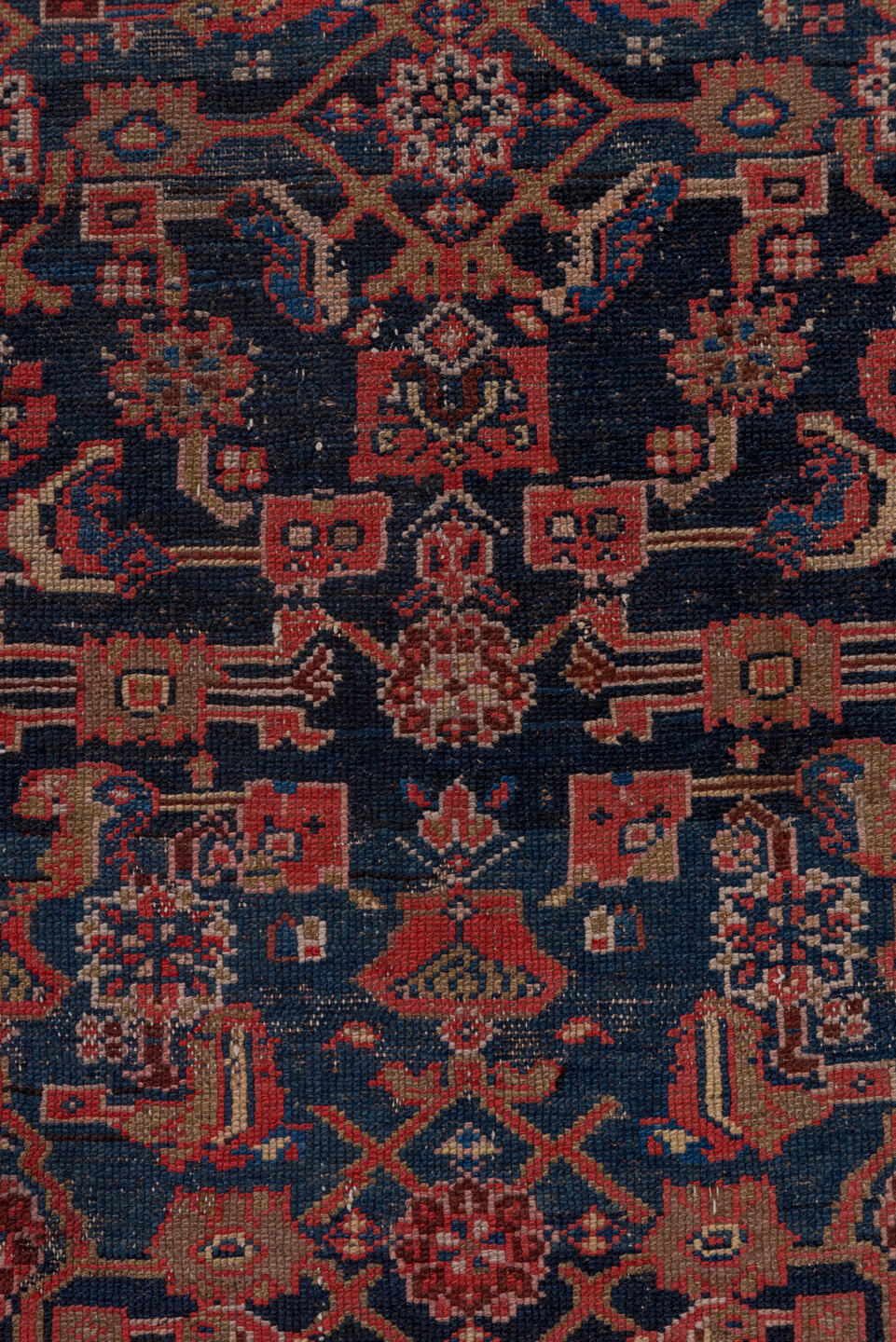 3' x 14' one-of-a-kind handmade antique Malayer runner rug. Color palette: navy, rust, ivory, camel, slate, rose, blue