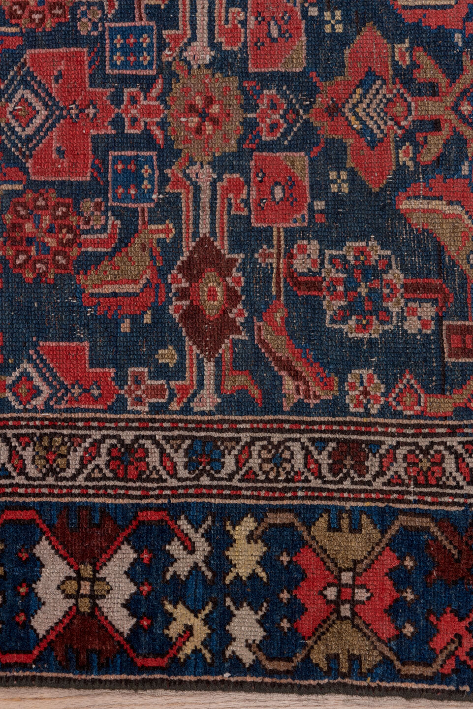3' x 14' one-of-a-kind handmade antique Malayer runner rug. Color palette: navy, rust, ivory, camel, slate, rose, blue