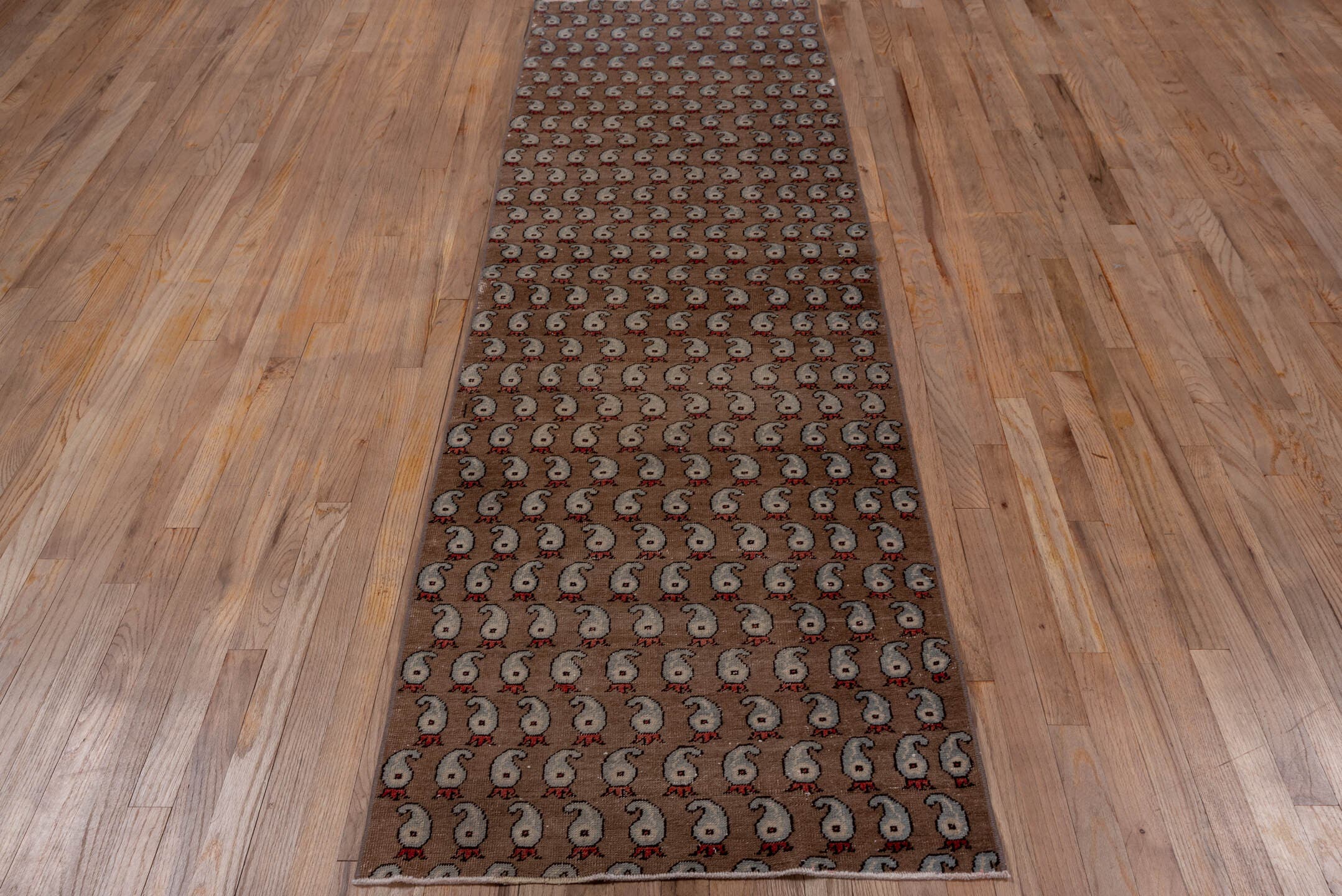 2' x 8' one-of-a-kind handmade vintage Oushak runner rug. Color palette: taupe, ivory, rust, slate, brown, beige, gray