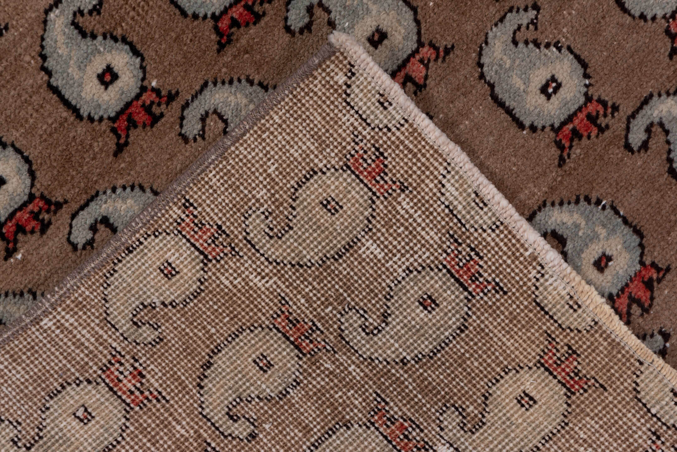 2' x 8' one-of-a-kind handmade vintage Oushak runner rug. Color palette: brown, gray, off-white, pink, red, snow, white