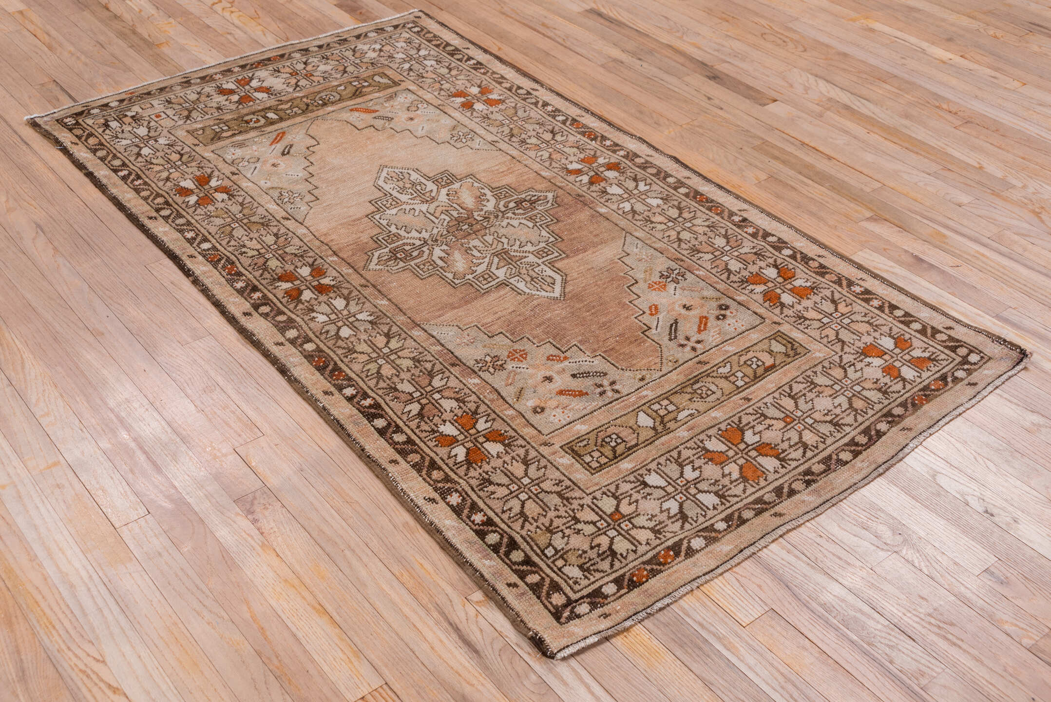 3' x 6' one-of-a-kind handmade vintage Oushak small size rug. Color palette: blush, taupe, ivory, brown, rust, camel