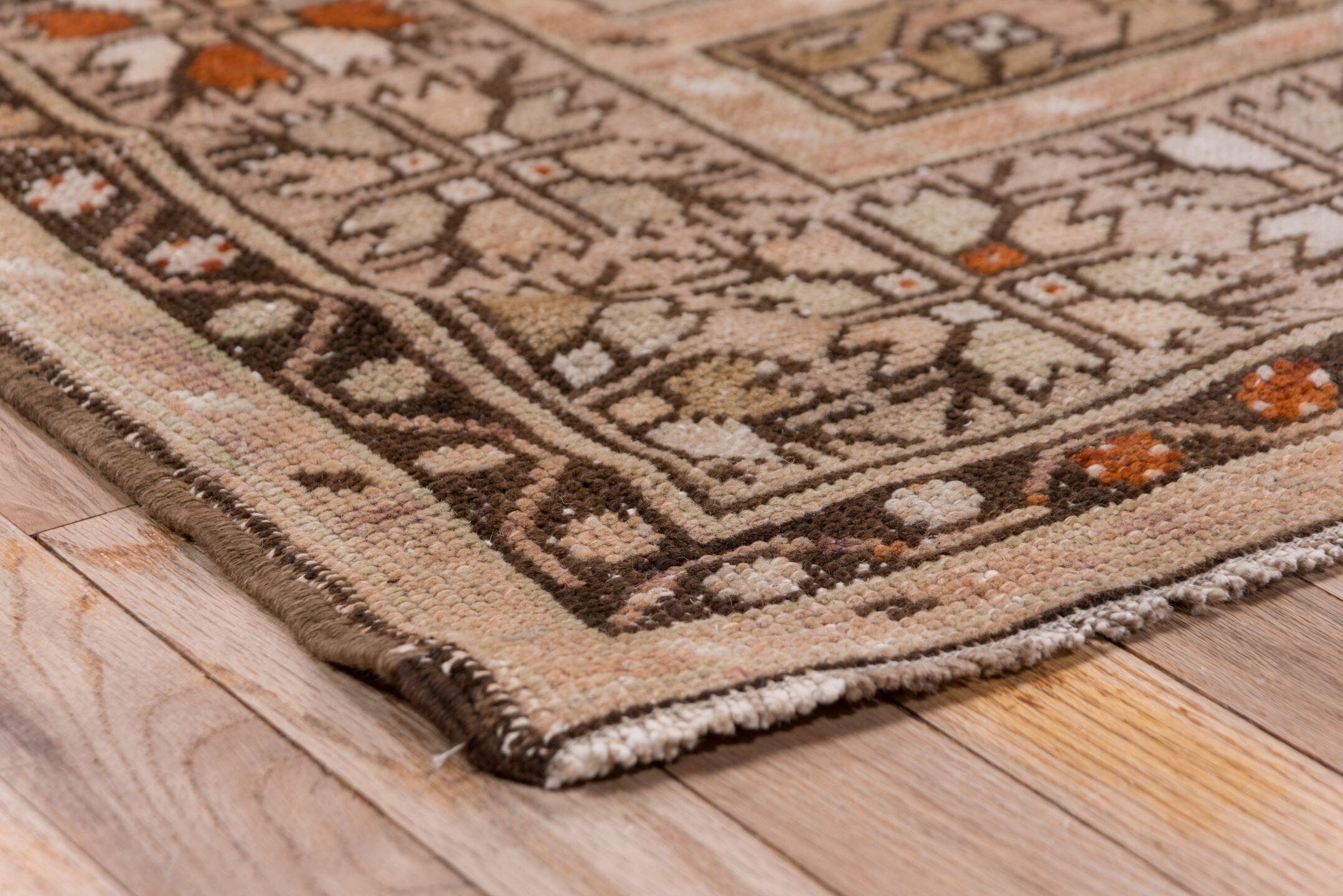 3' x 6' one-of-a-kind handmade vintage Oushak small size rug. Color palette: blush, taupe, ivory, brown, rust, camel