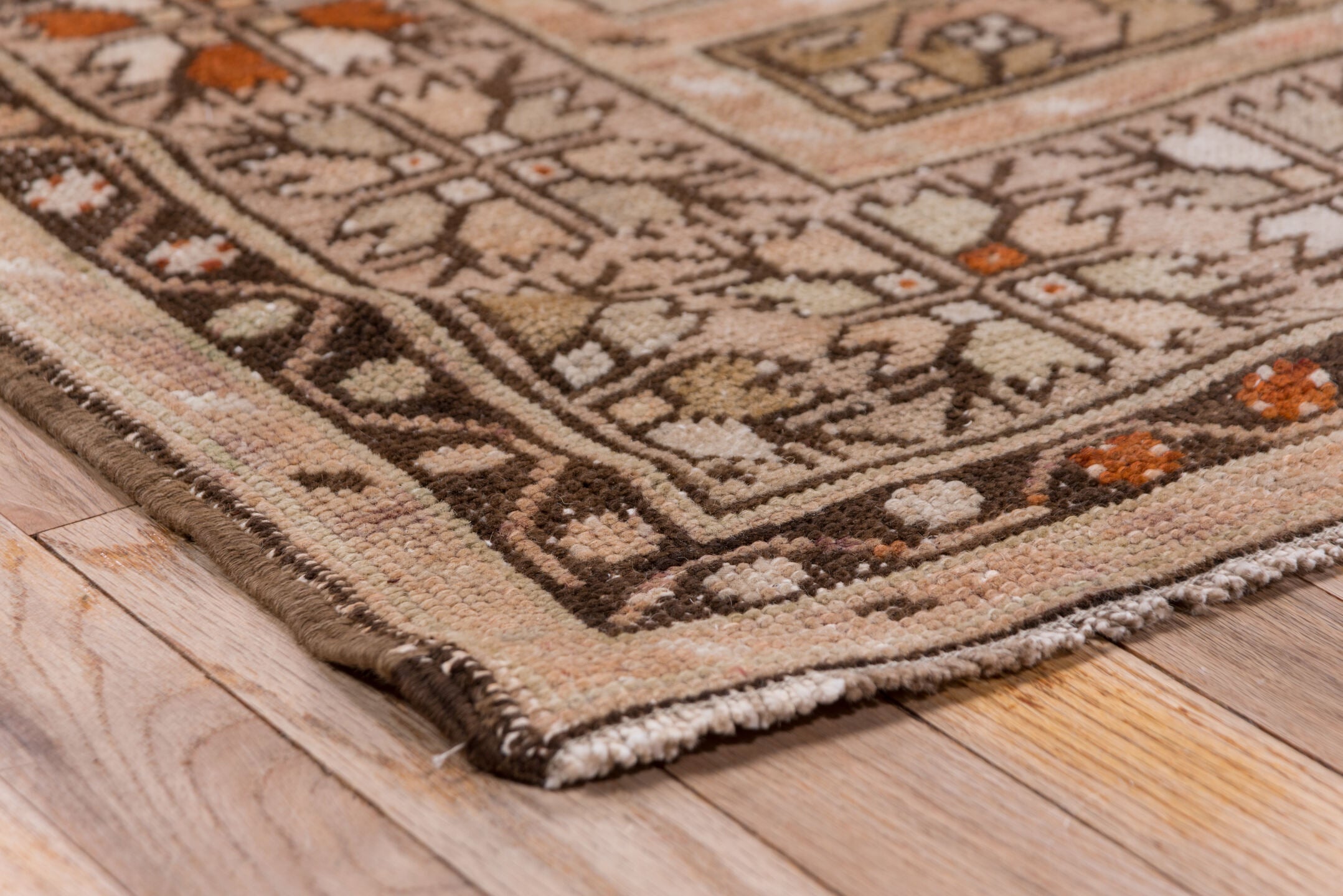 3' x 6' one-of-a-kind handmade vintage Oushak small size rug. Color palette: brown, gray, light gray, off-white, pink, snow