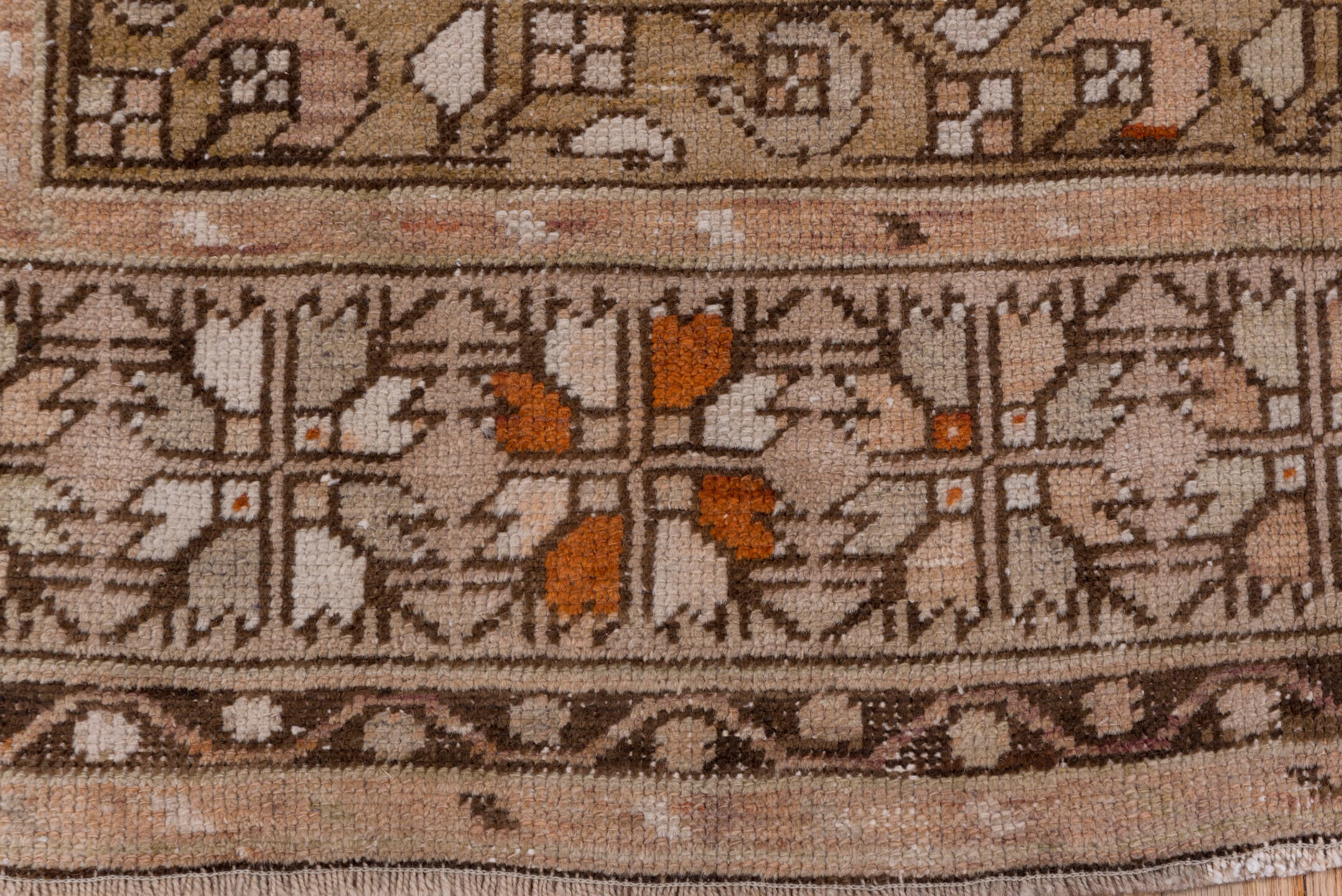 3' x 6' one-of-a-kind handmade vintage Oushak small size rug. Color palette: blush, taupe, ivory, brown, rust, camel