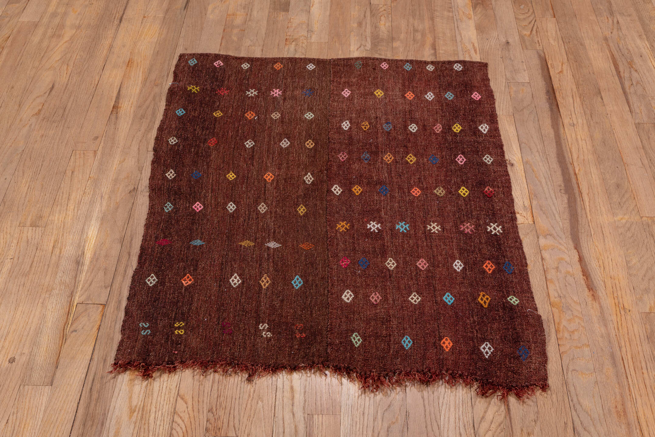 2' x 3' one-of-a-kind handmade vintage Jijim small size rug. Color palette: mahogany, rust, ivory, sky_blue, gold, coral
