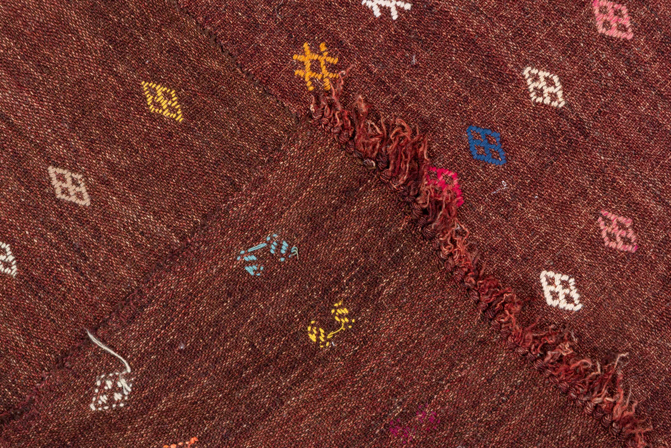 2' x 3' one-of-a-kind handmade vintage Jijim small size rug. Color palette: mahogany, rust, ivory, sky_blue, gold, coral