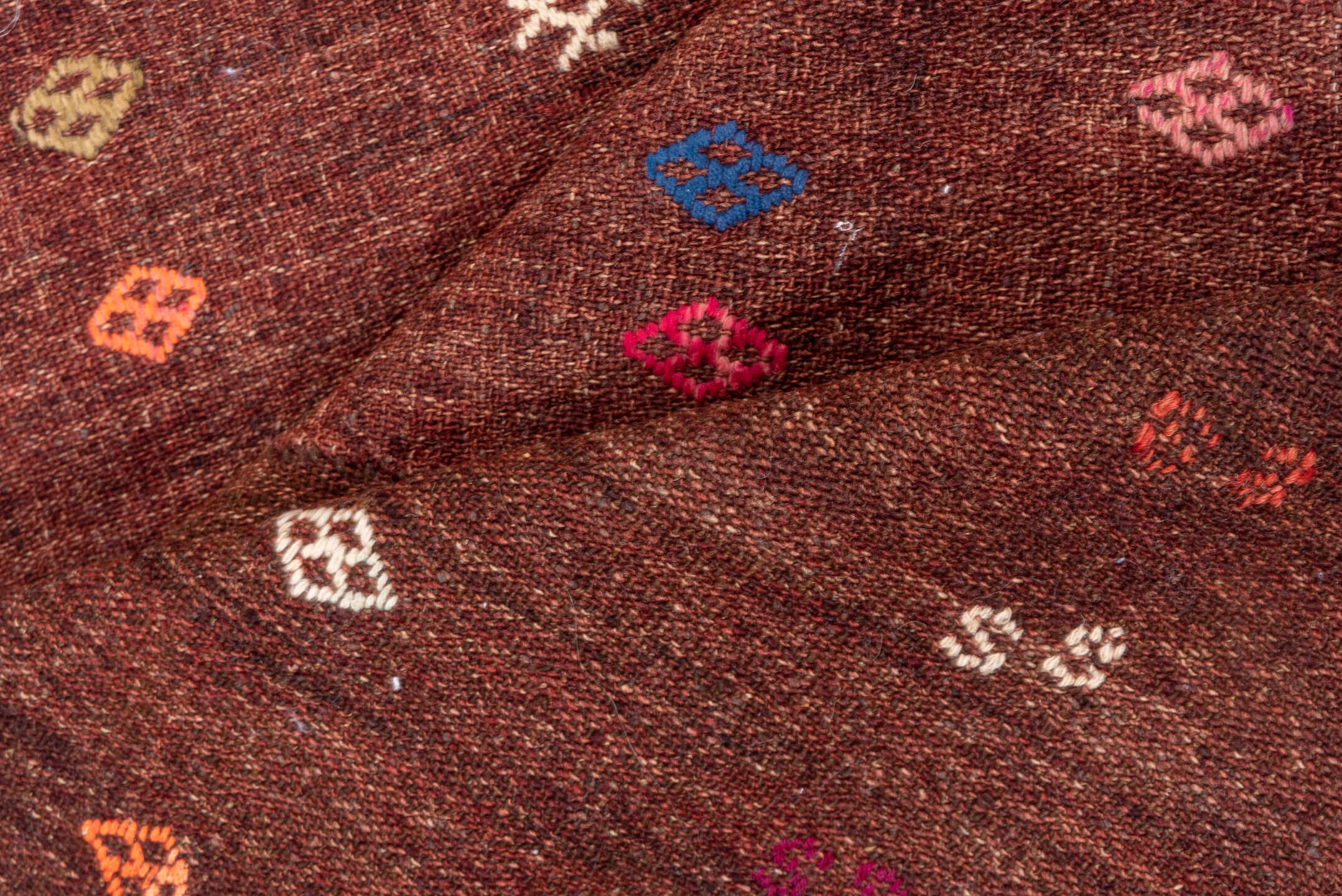 2' x 3' one-of-a-kind handmade vintage Jijim small size rug. Color palette: mahogany, rust, ivory, sky_blue, gold, coral
