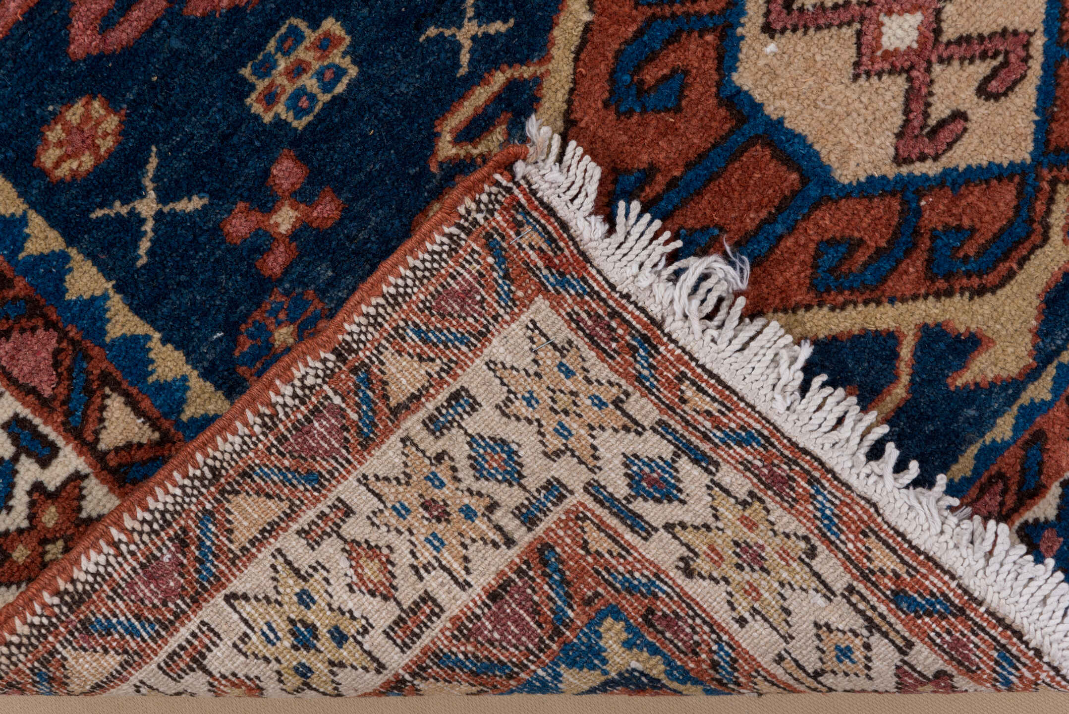 3' x 4' one-of-a-kind handmade antique Karaje small size rug. Color palette: navy, ivory, rust, cobalt, rose, camel, brown