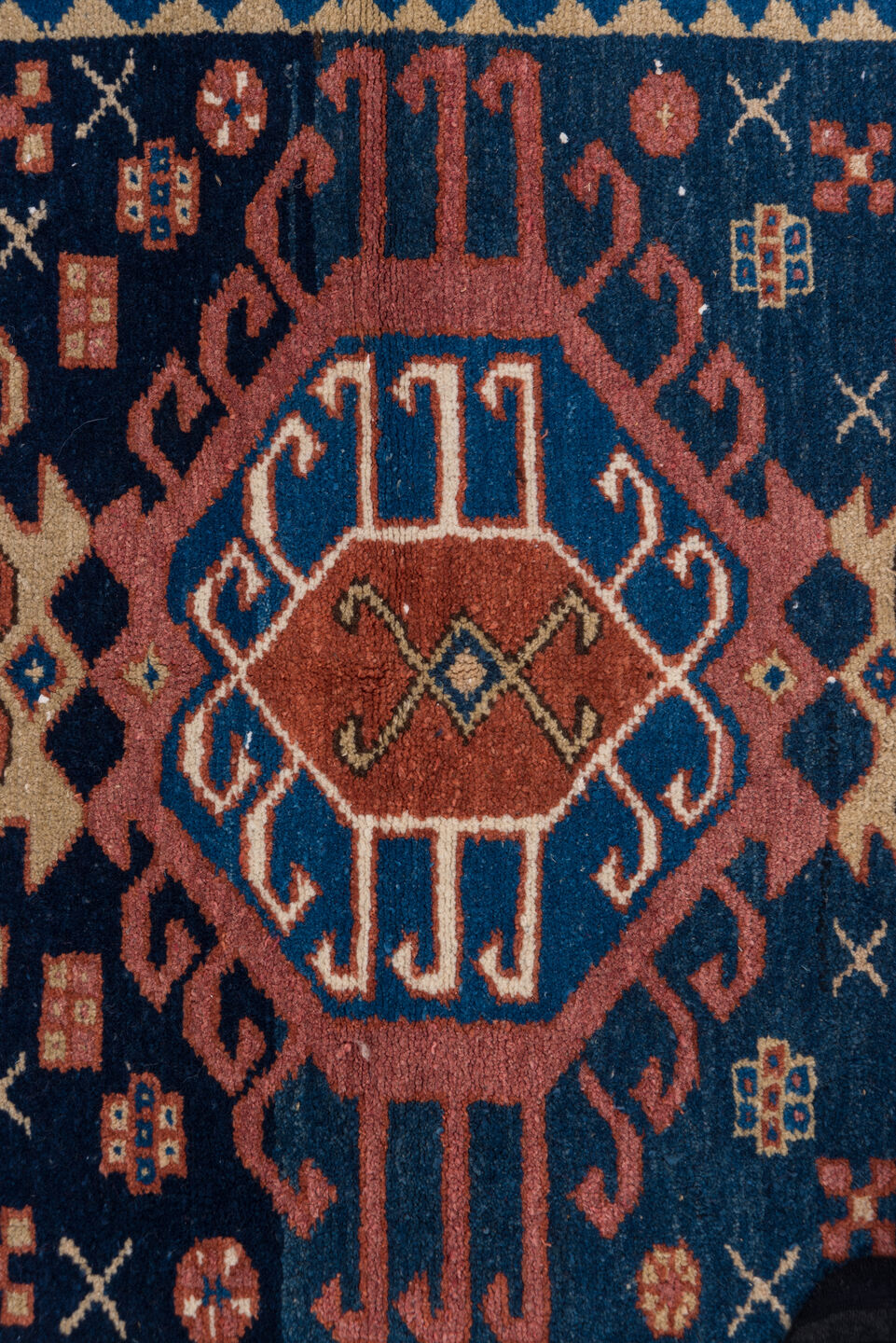 3' x 4' one-of-a-kind handmade vintage Karaje small size rug. Color palette: blue, brown, gray, light gray, off-white, pink