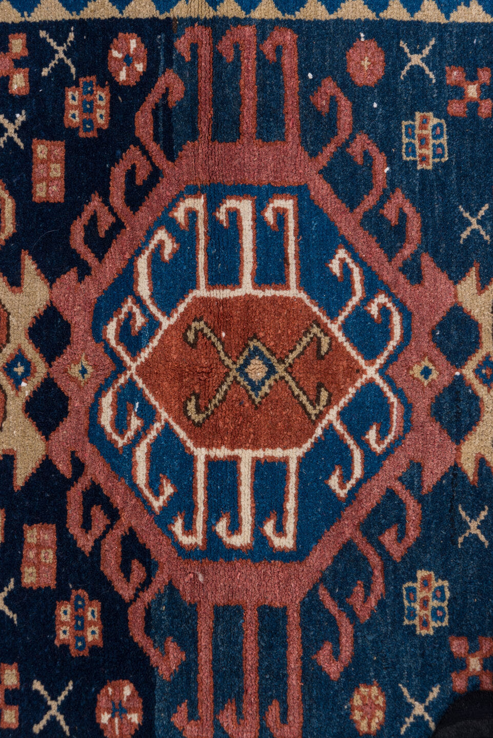 3' x 4' one-of-a-kind handmade antique Karaje small size rug. Color palette: navy, ivory, rust, cobalt, rose, camel, brown