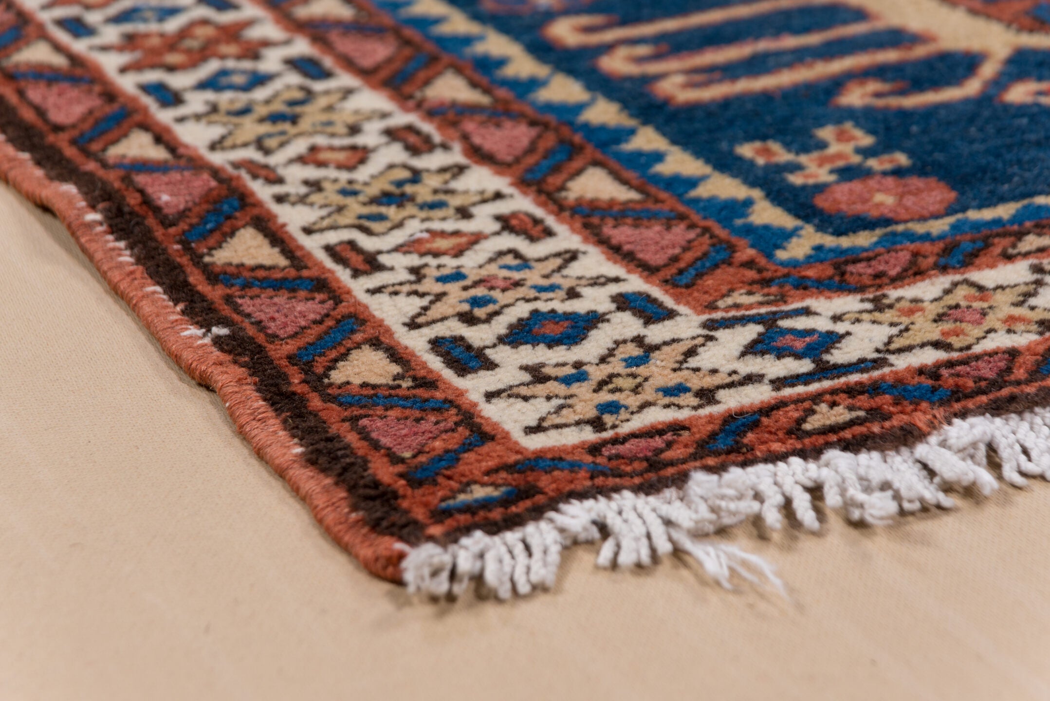 3' x 4' one-of-a-kind handmade vintage Karaje small size rug. Color palette: blue, brown, gray, light gray, off-white, pink