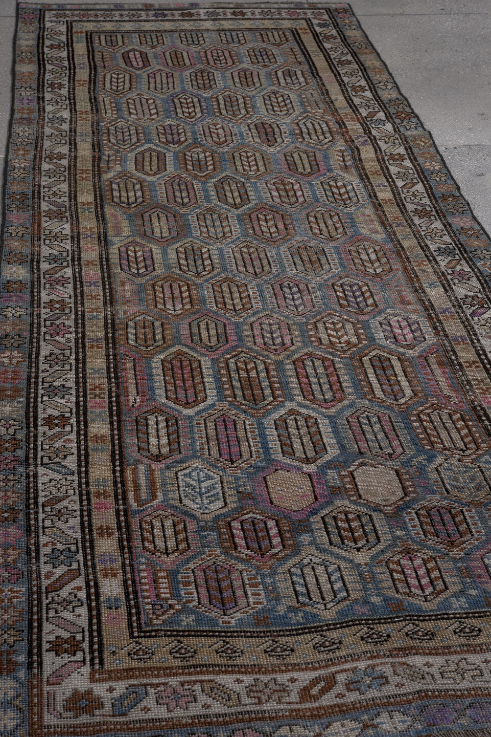 4' x 10' one-of-a-kind handmade vintage Karabagh runner rug. Color palette: sky blue, ivory, slate, taupe, brown, lavender