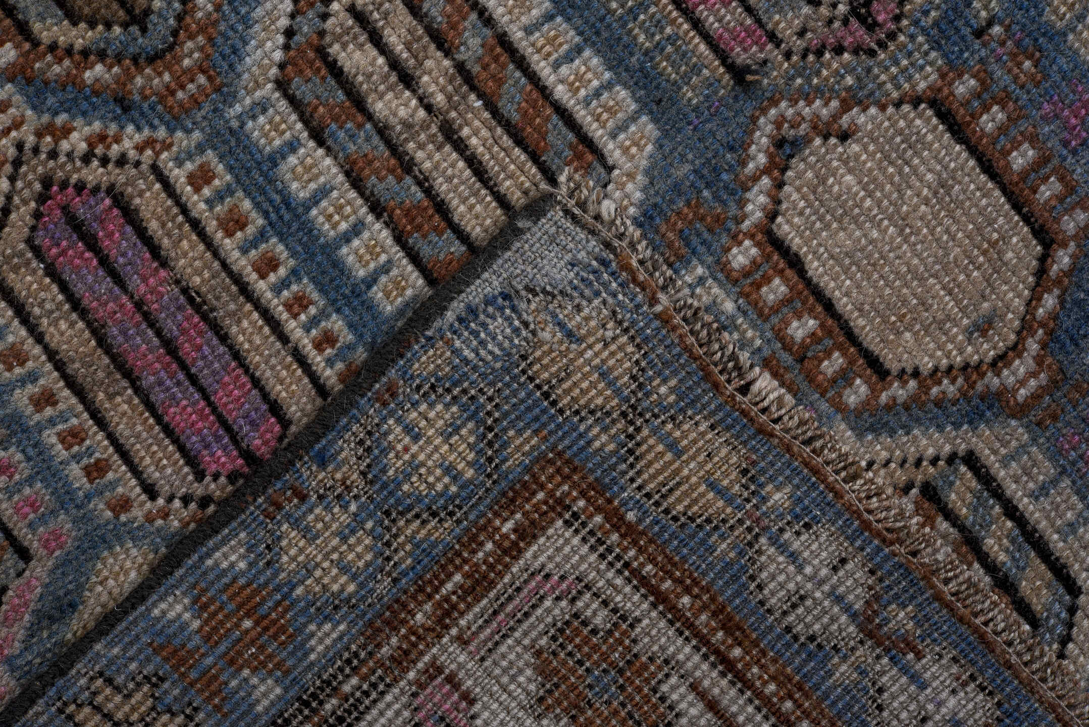 4' x 10' one-of-a-kind handmade vintage Karabagh runner rug. Color palette: sky blue, ivory, slate, taupe, brown, lavender