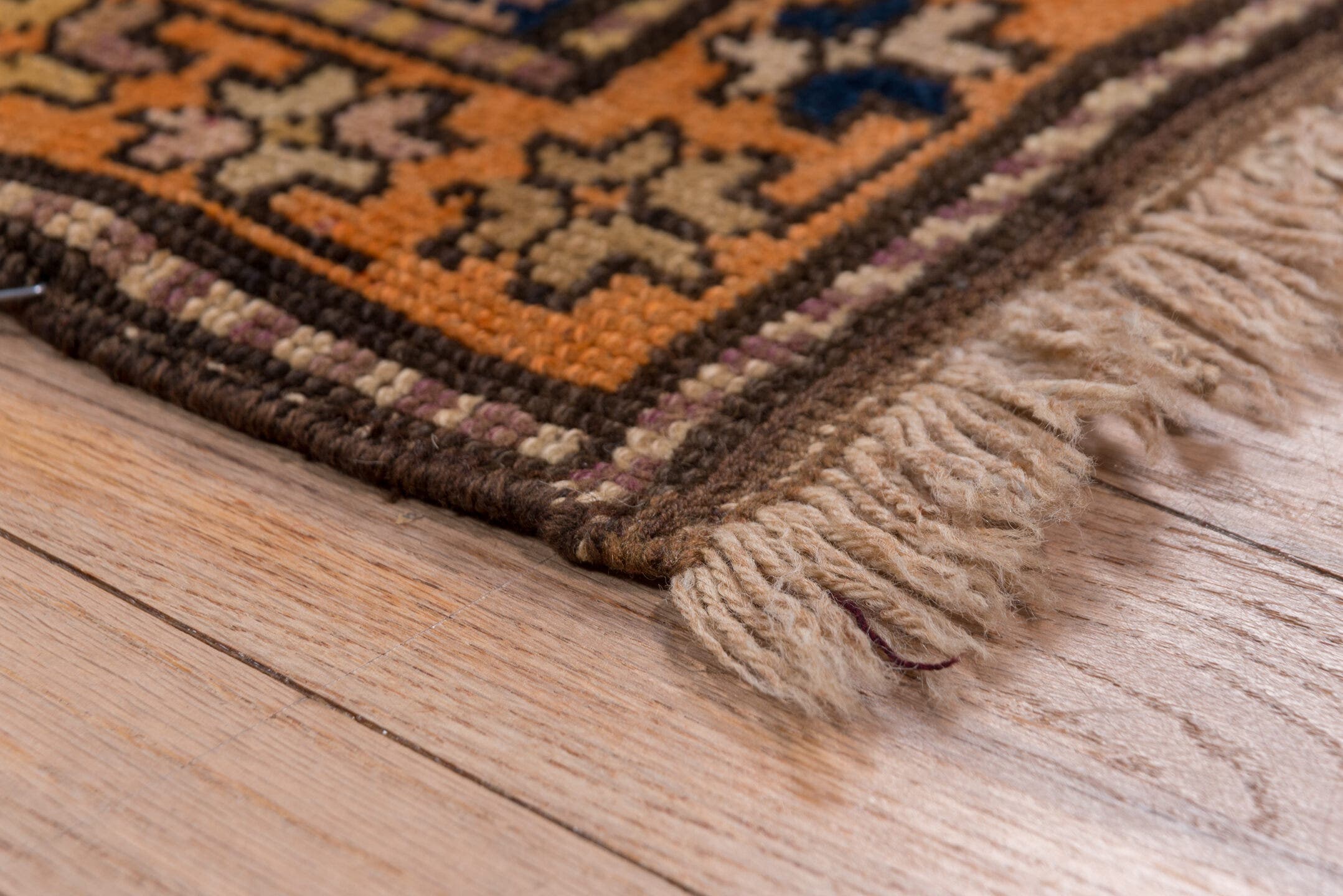 4' x 10' one-of-a-kind handmade vintage Karabagh runner rug. Color palette: sky blue, ivory, slate, taupe, brown, lavender