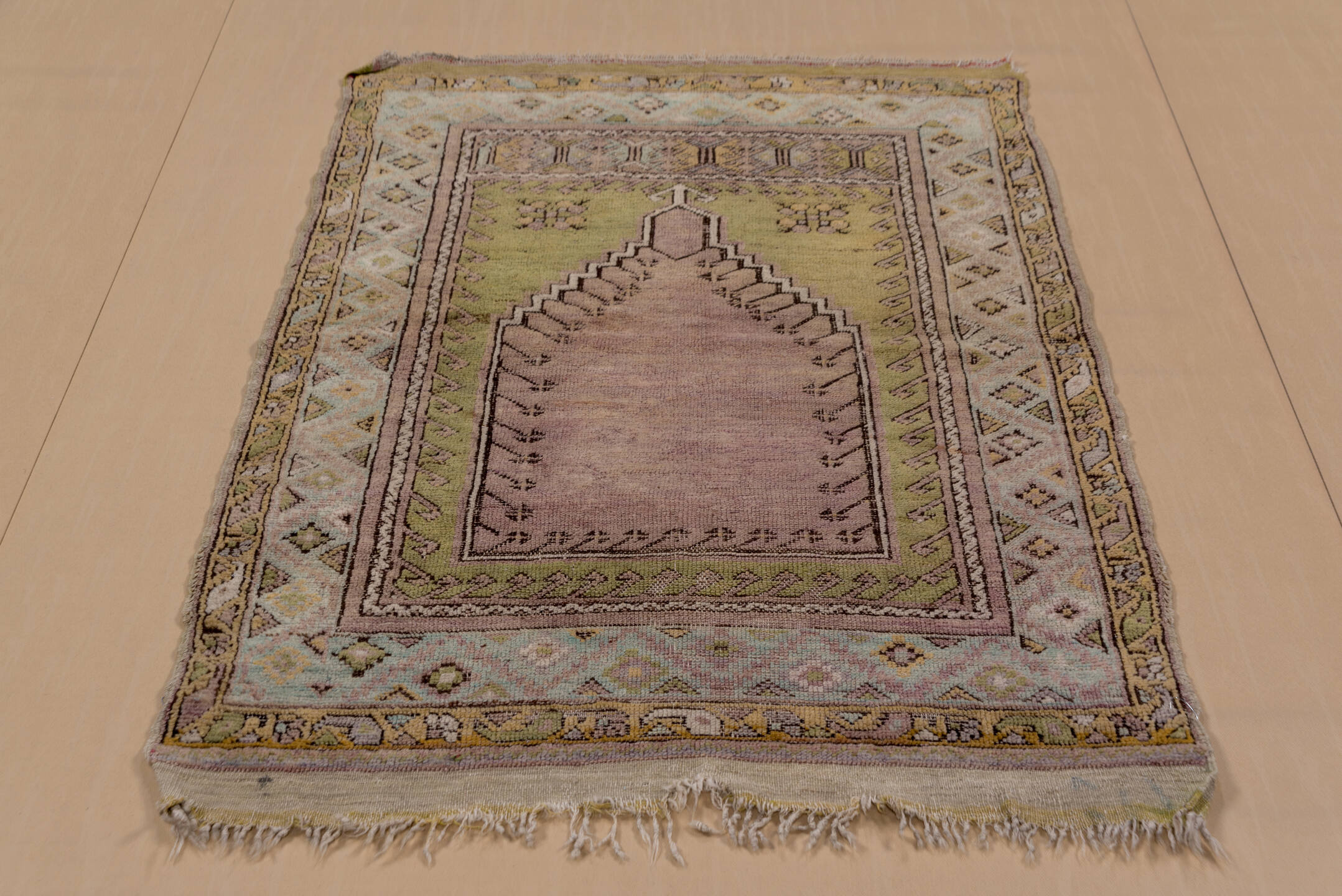 3' x 4' one-of-a-kind handmade vintage Mujjur small size rug. Color palette: rose, olive, ivory, taupe, sage, camel