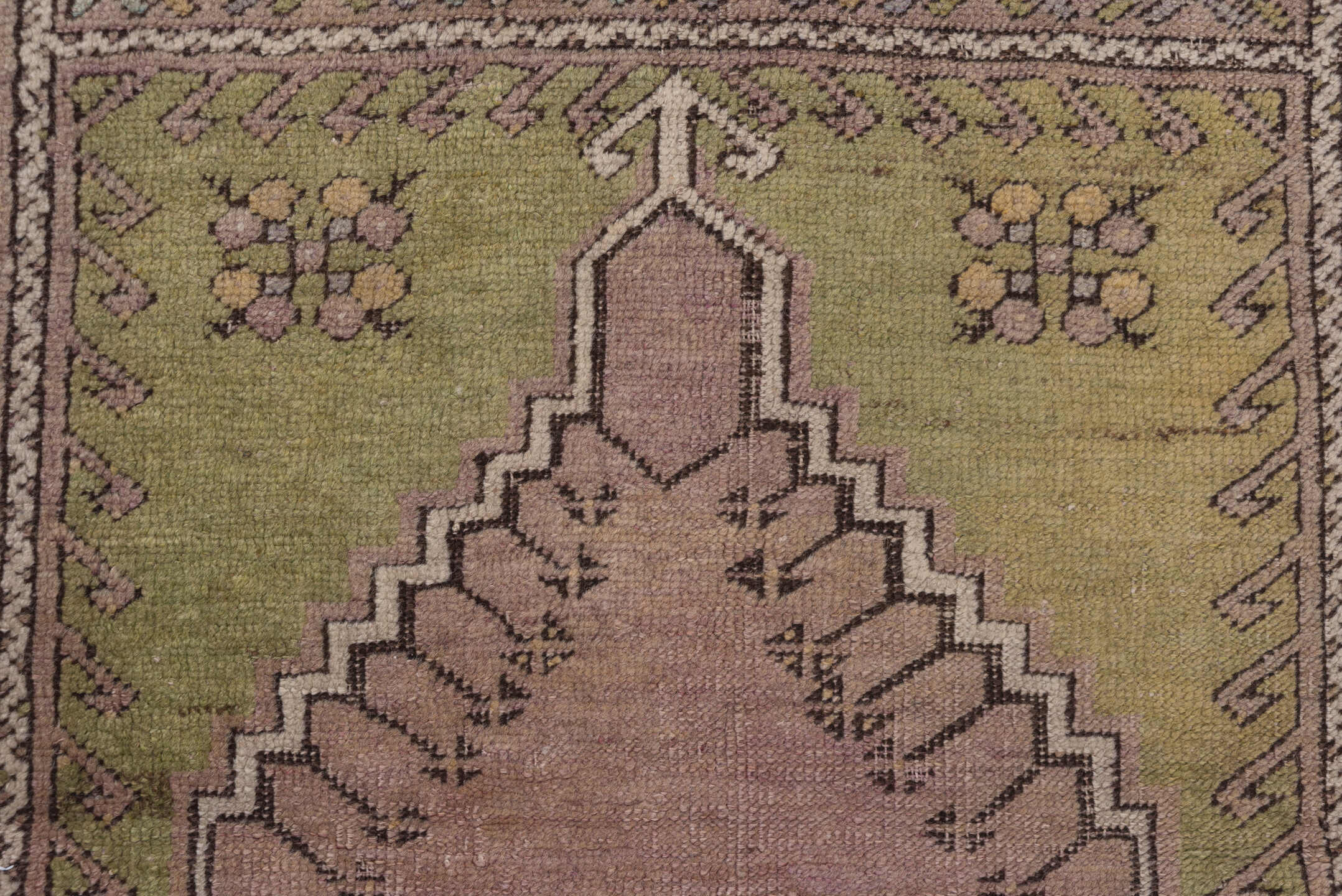 3' x 4' one-of-a-kind handmade vintage Mujjur small size rug. Color palette: rose, olive, ivory, taupe, sage, camel