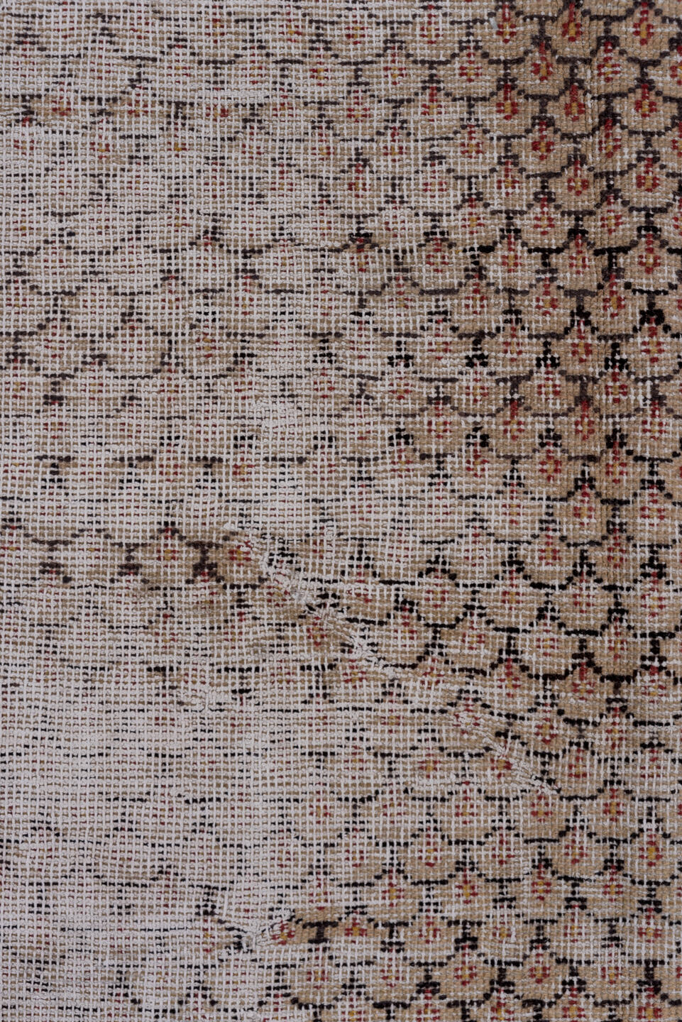 4' x 7' one-of-a-kind handmade vintage Oushak rug. Color palette: brown, gray, light gray, off-white, pink, red, redwood