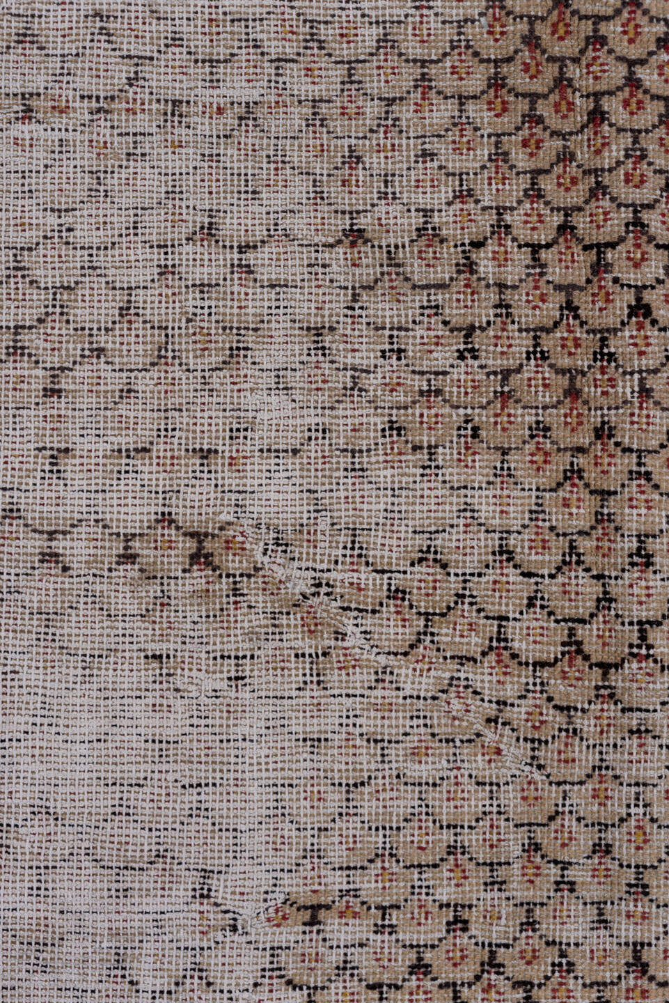 4' x 7' one-of-a-kind handmade vintage Oushak rug. Color palette: ivory, rust, charcoal, taupe, camel, terracotta, brown