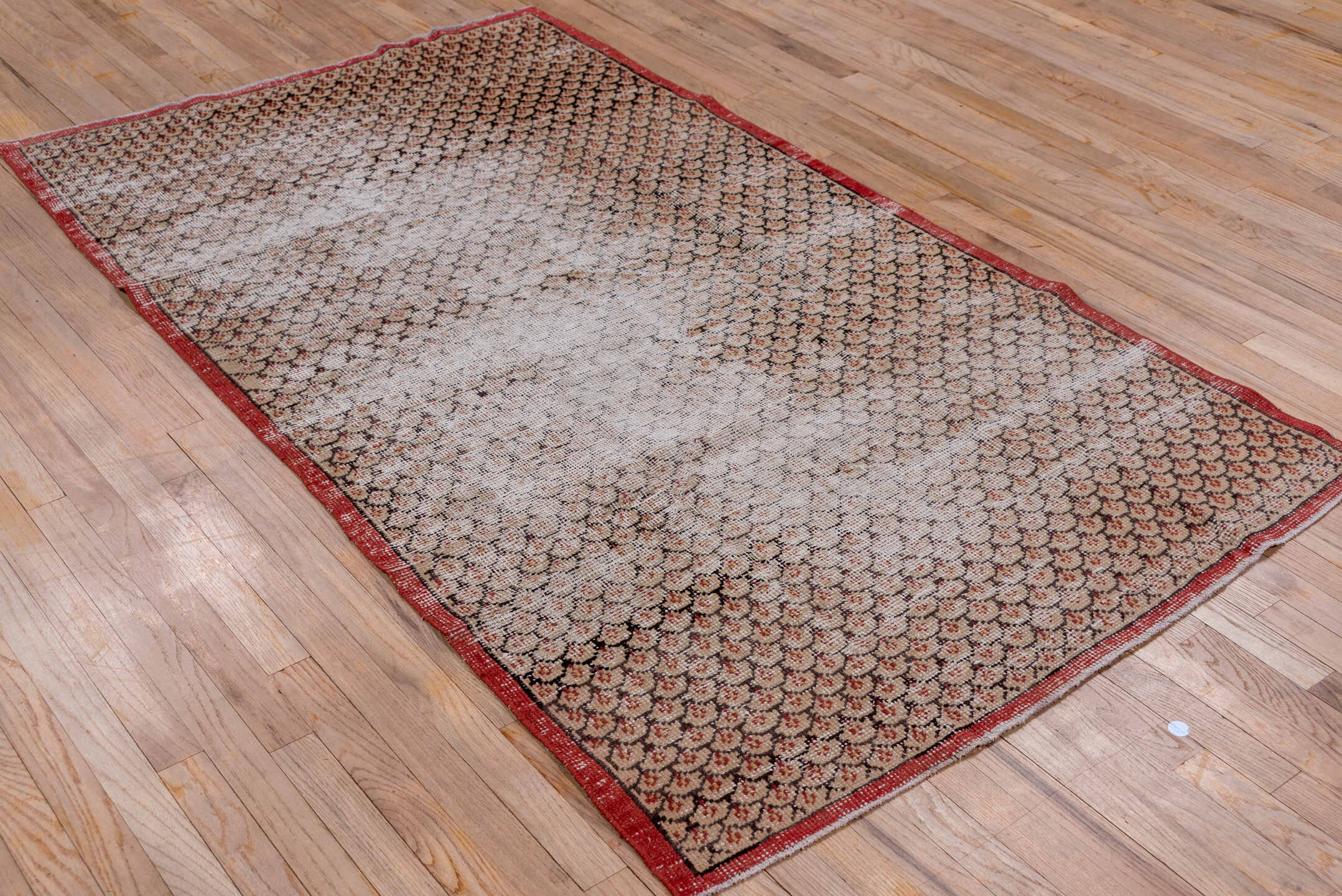 4' x 7' one-of-a-kind handmade vintage Oushak rug. Color palette: brown, gray, light gray, off-white, pink, red, redwood