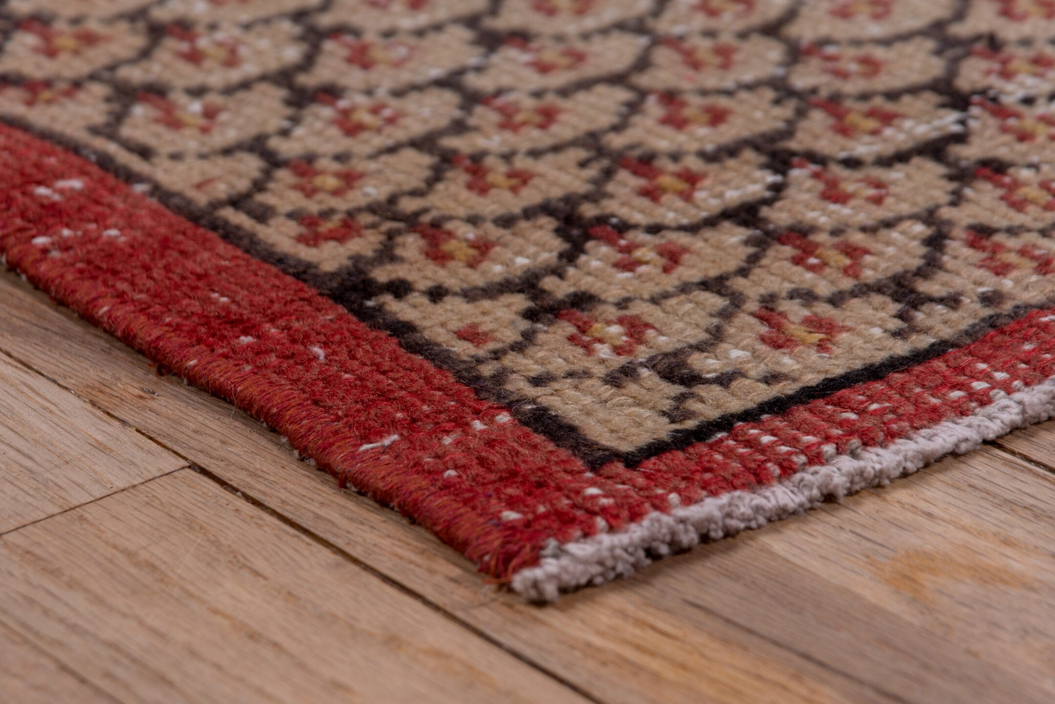 4' x 7' one-of-a-kind handmade vintage Oushak rug. Color palette: brown, gray, light gray, off-white, pink, red, redwood