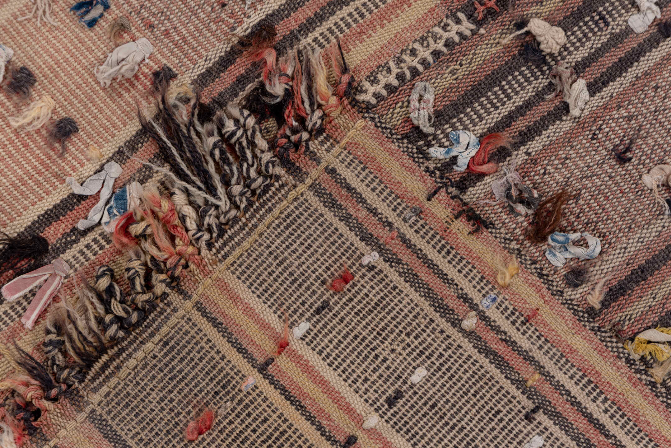 5' x 9' one-of-a-kind handmade vintage Kilim medium size rug. Color palette: taupe, brown, blush, charcoal, ivory, rust