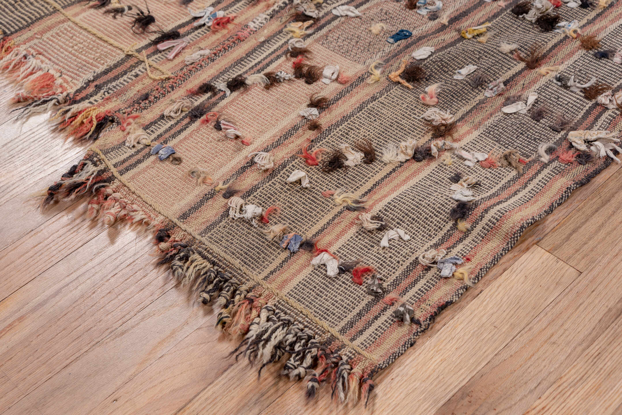 5' x 9' one-of-a-kind handmade vintage Kilim medium size rug. Color palette: taupe, brown, blush, charcoal, ivory, rust