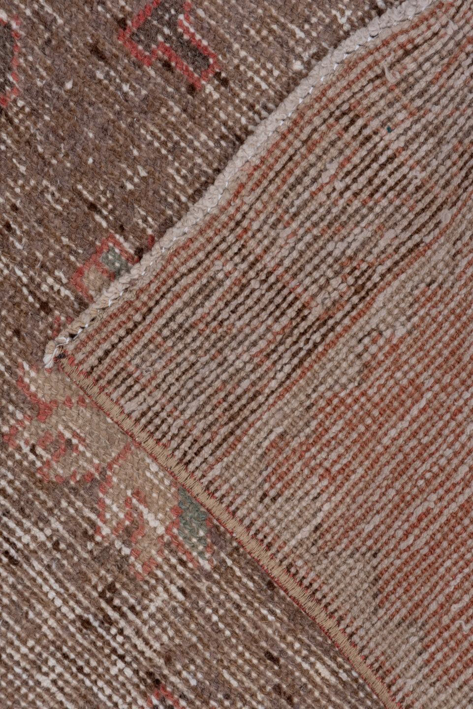 2' x 7' one-of-a-kind handmade vintage Oushak runner rug. Color palette: brown, gray, light gray, off-white, pink, red