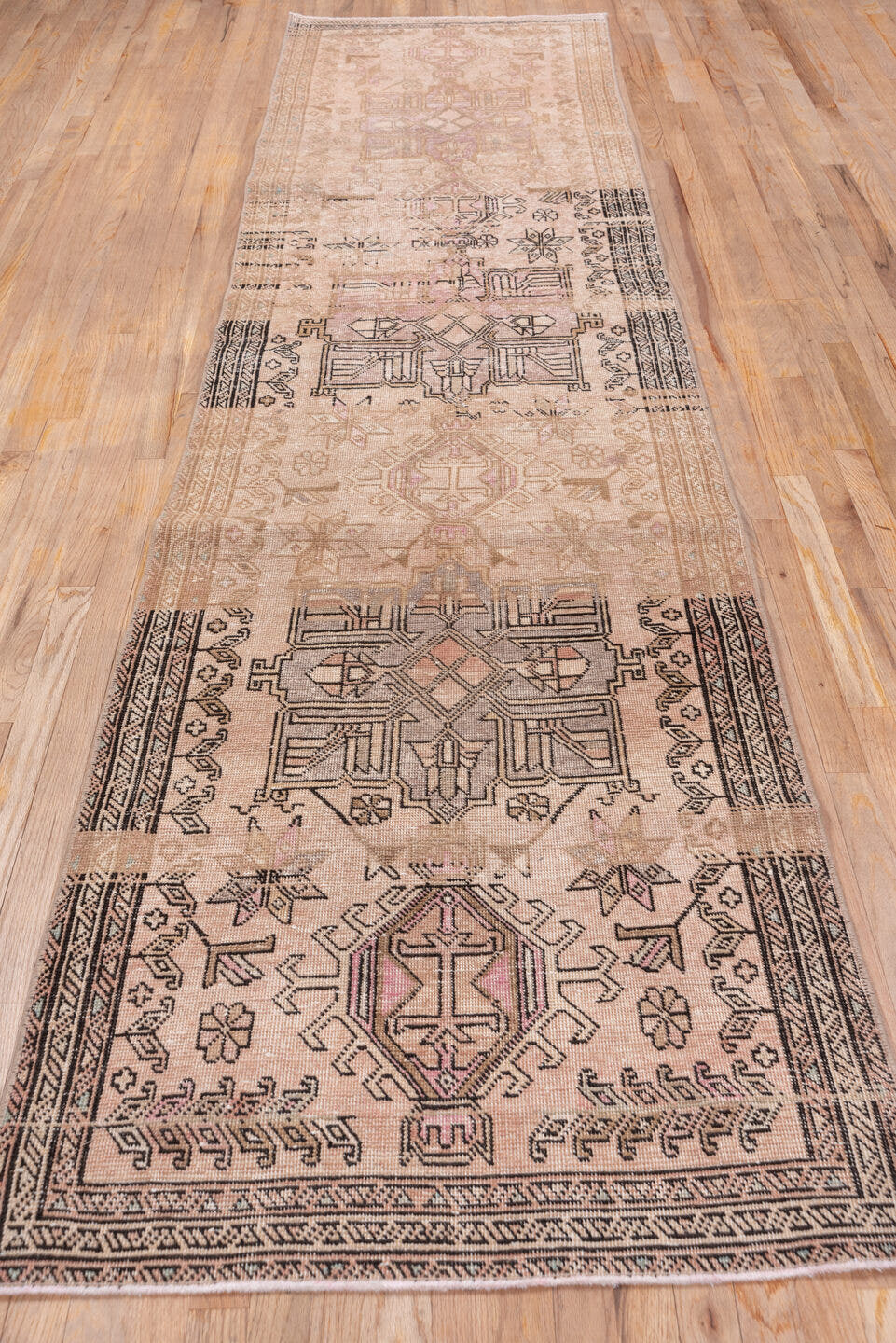 3' x 12' one-of-a-kind handmade vintage Heriz runner rug. Color palette: blush, taupe, charcoal, dusty rose, beige, brown