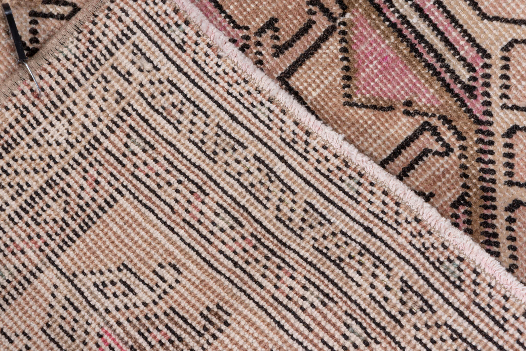 3' x 12' one-of-a-kind handmade vintage Heriz runner rug. Color palette: brown, gray, light gray, off-white, pink, snow