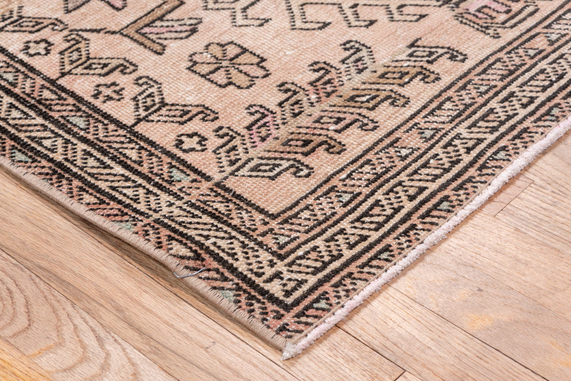 3' x 12' one-of-a-kind handmade vintage Heriz runner rug. Color palette: brown, gray, light gray, off-white, pink, snow