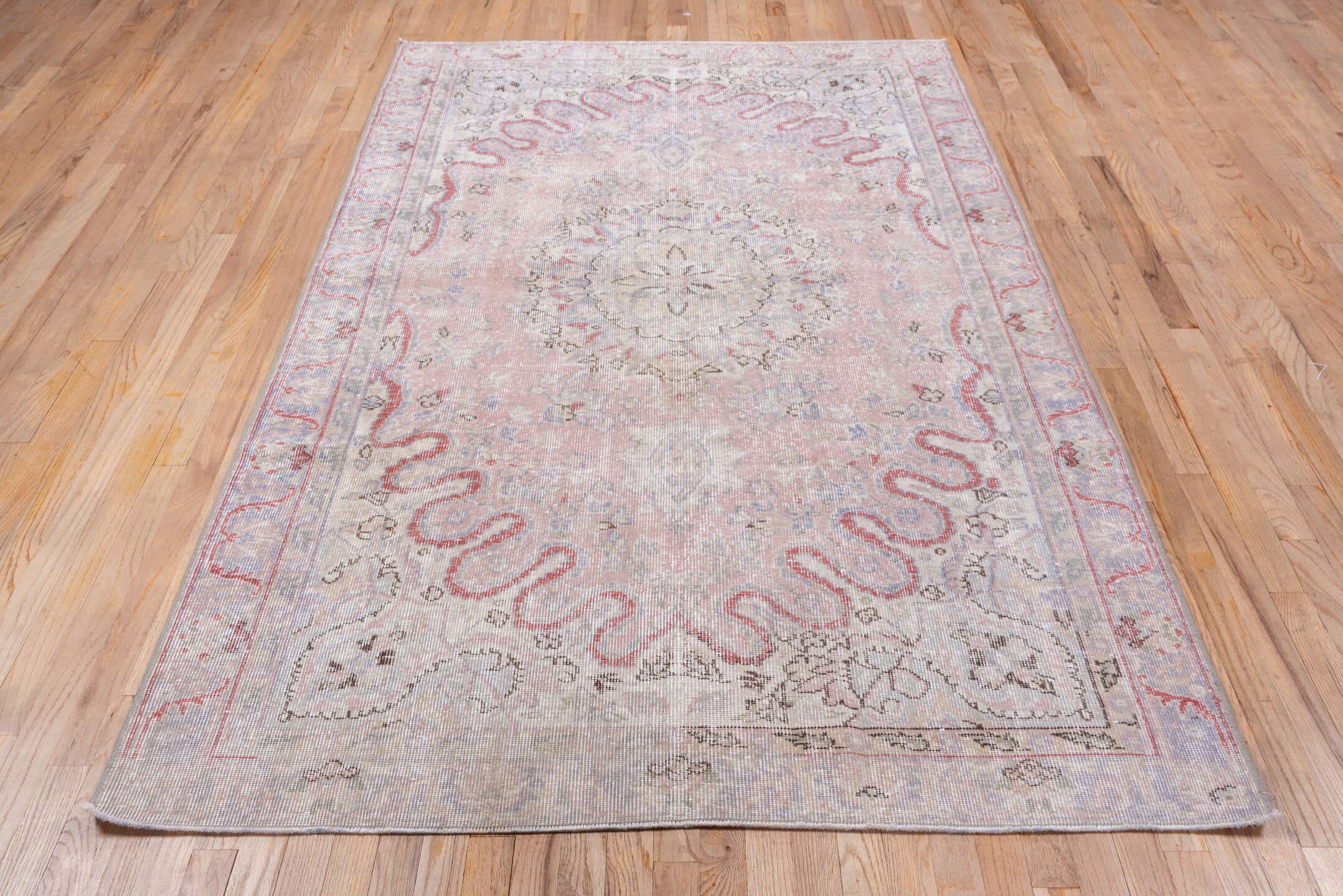 5' x 8' one-of-a-kind handmade vintage Oushak medium size rug. Color palette: blush, ivory, taupe, dusty rose, slate, sage