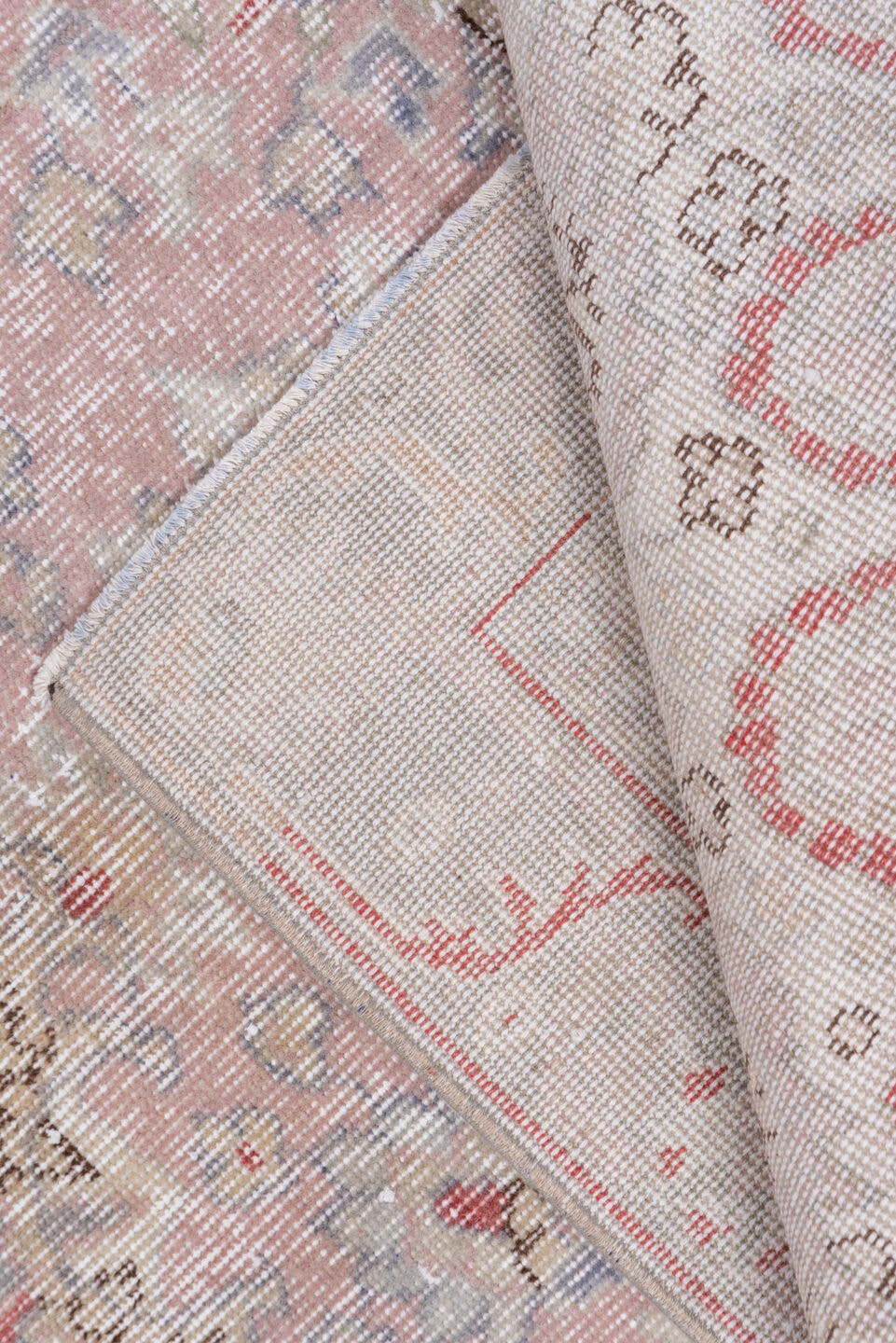 5' x 8' one-of-a-kind handmade vintage Oushak medium size rug. Color palette: blush, ivory, taupe, dusty rose, slate, sage